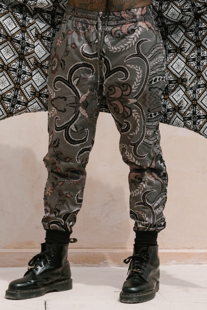 Bali batik patterned jogger style print pants that are sage green color
