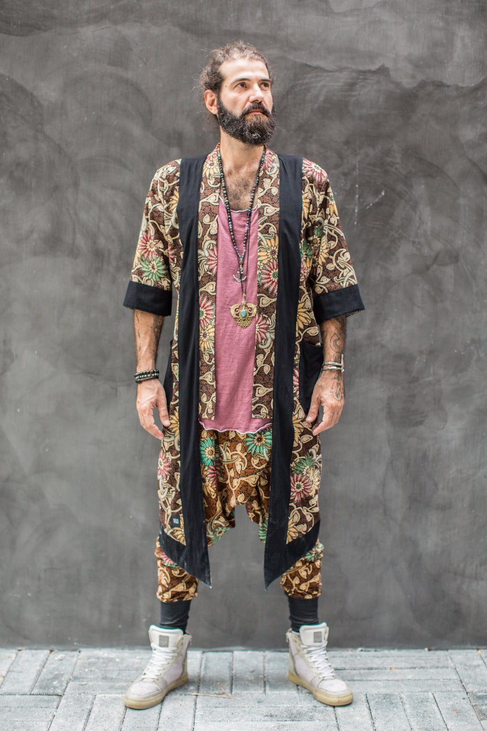 VALO Design Pants NINJA Brown Batik – Elegant and unique boho-style harem drop-crotch pants with a slim-leg cut