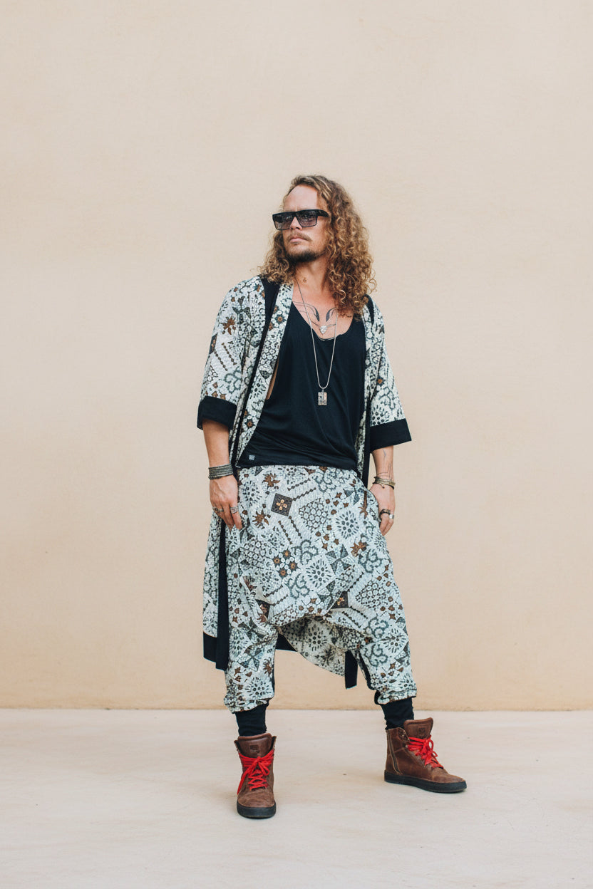 VALO Design Clothing Capes Cream White w/ brown batik details BALI SPIRIT White Batik - elegant & unique cotton kimono cardigan