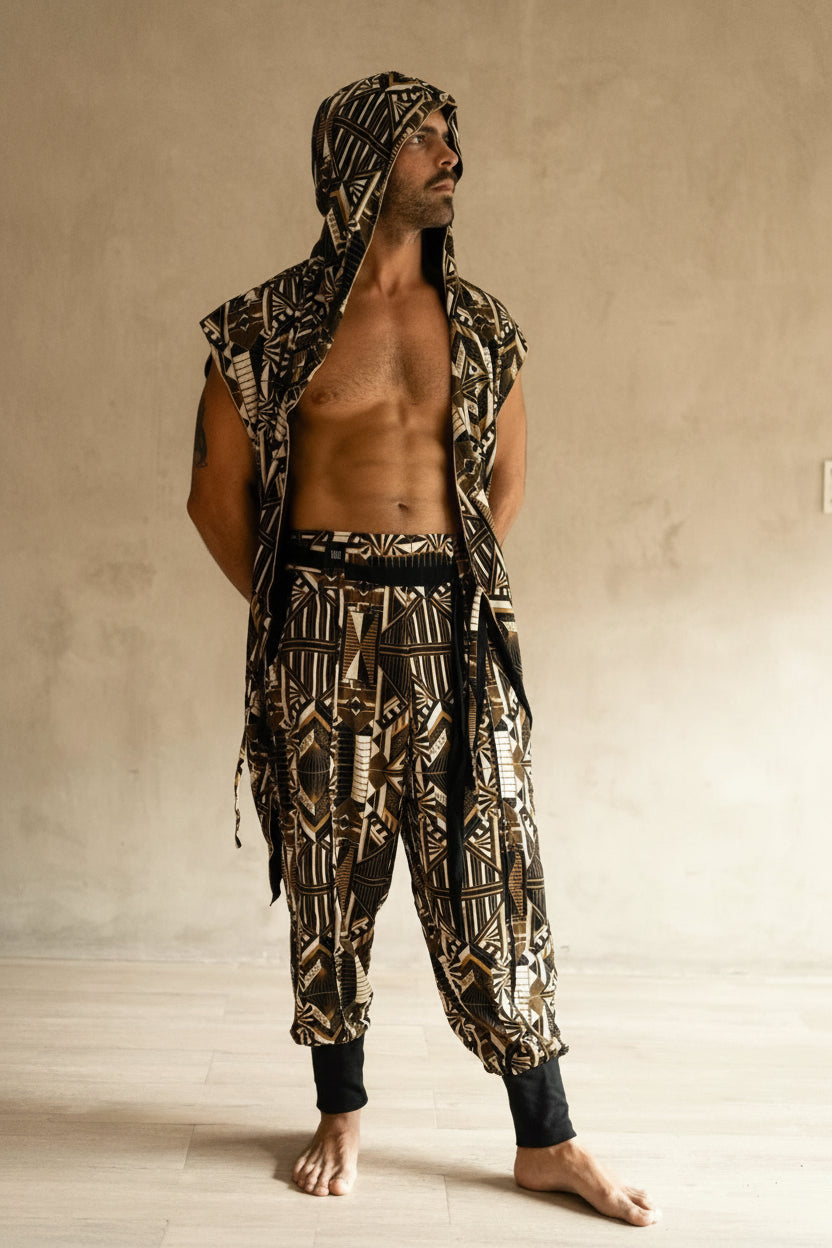 VALO Design Pants QI Prism - High quality drop crotch tencel pants inspired by the 20's ageless style combined with indigenous and sacred symbolism. Extremely comfortable with soft cotton ribbing on the legs.