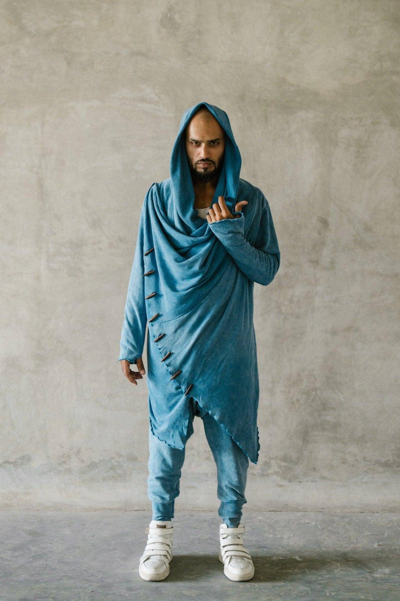 VALO Design Clothing KENOBI BLUE Stonewashed - Jedi style cotton hoodie with wooden buttons