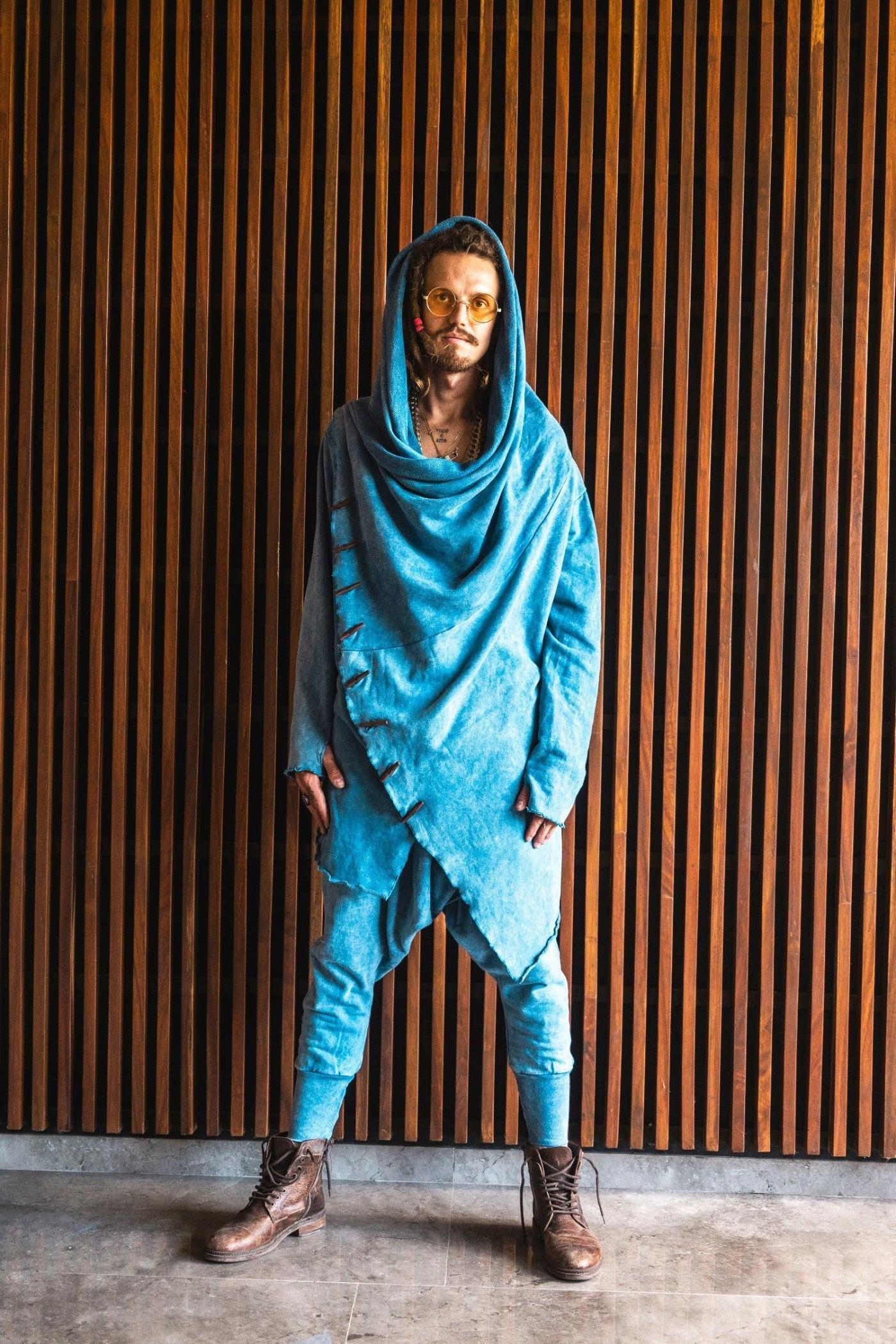 VALO Design Clothing KENOBI BLUE Stonewashed - Jedi style cotton hoodie with wooden buttons