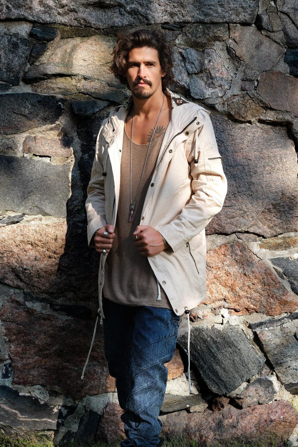 LUONTO JACKET Beige Cream - Hooded Double Layered Cotton Print Art Zipper Coat-Jackets-VALO Design Clothing