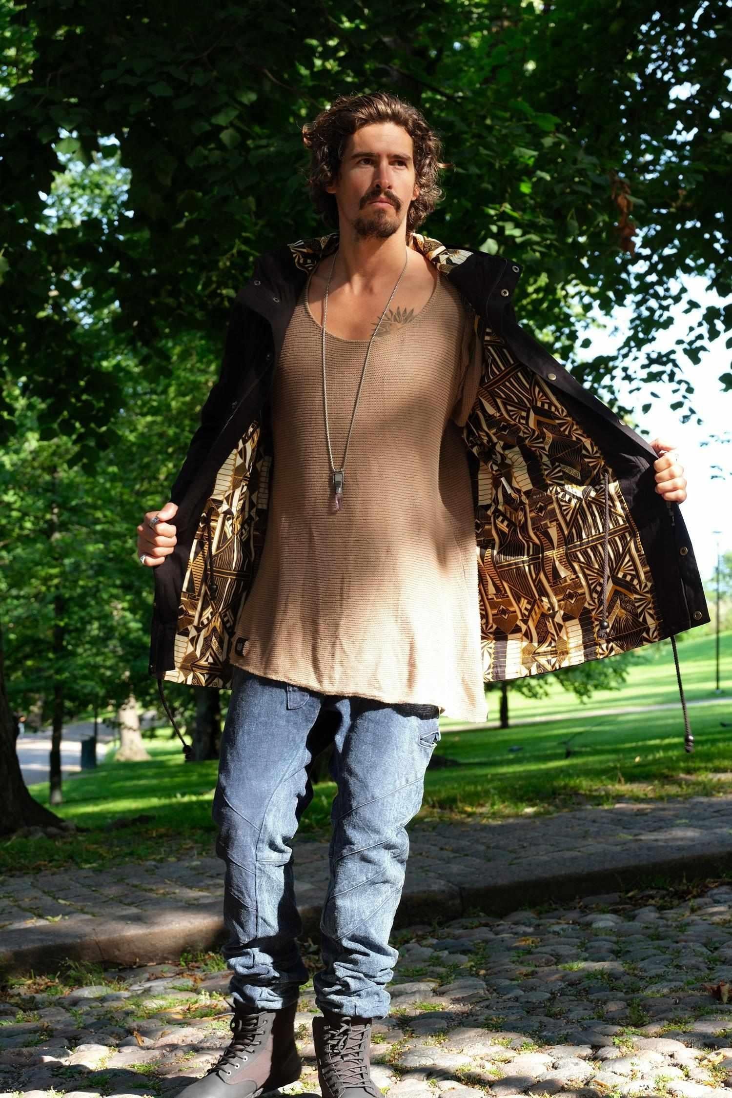 LUONTO JACKET Black - Hooded Double Layered Cotton Print Art Zipper Coat-Jackets-VALO Design Clothing