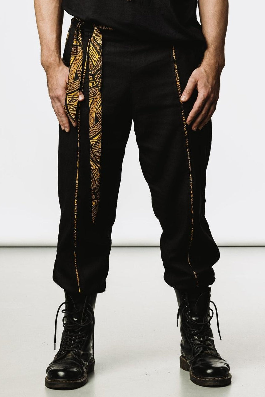 QI PANTS - Oriental Drop Crotch Linen Pants-Pants-VALO Design Clothing