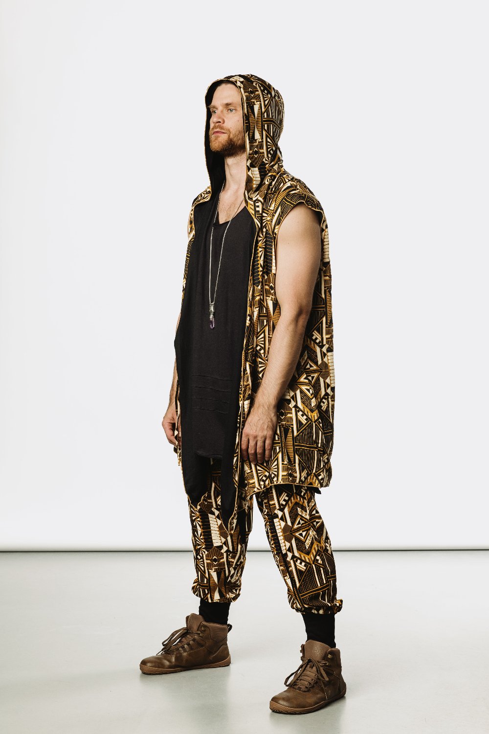 VALO Design Pants QI Prism - High quality drop crotch tencel pants inspired by the 20's ageless style combined with indigenous and sacred symbolism. Extremely comfortable with soft cotton ribbing on the legs.