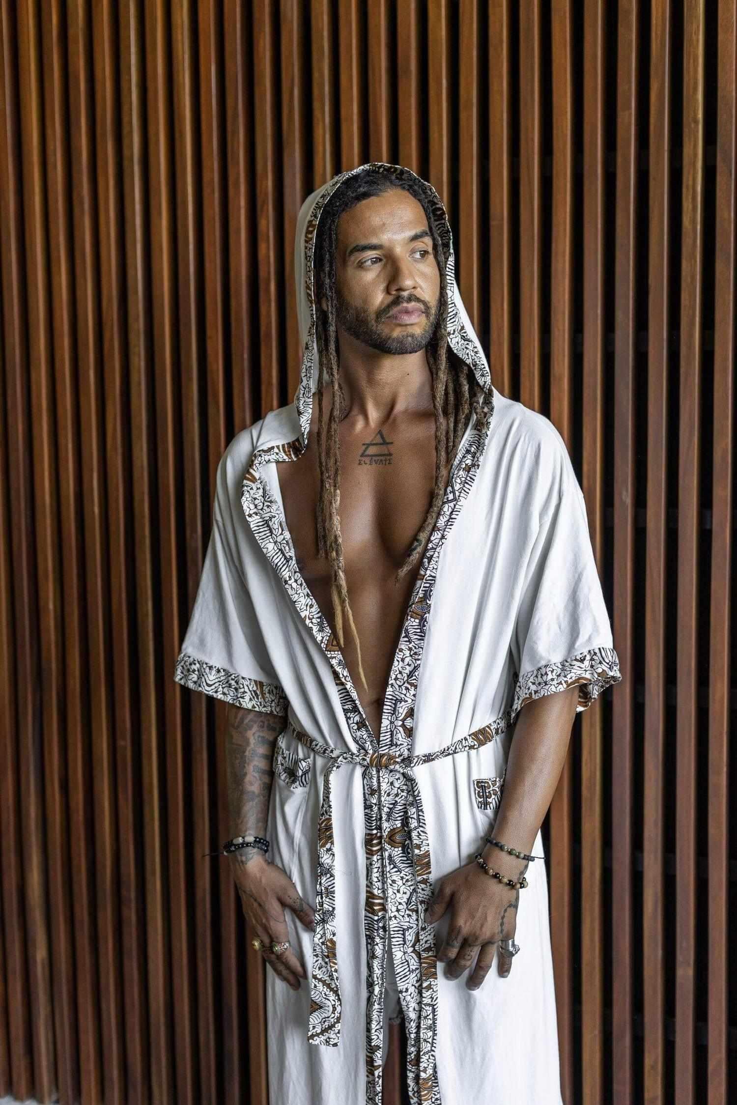 SHITAGI White - Unique hooded bamboo kimono with tribal details - VALO Design Clothing