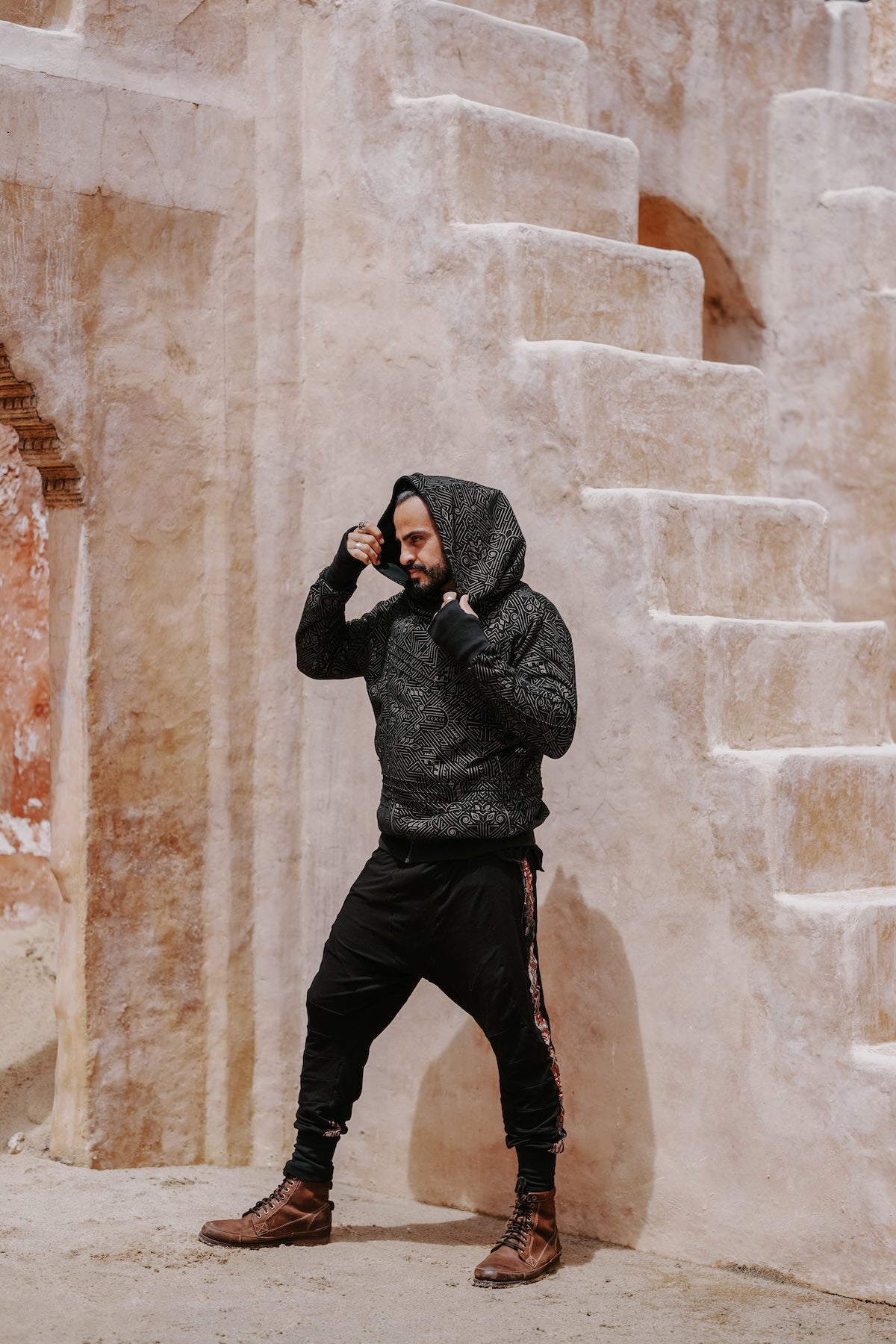 TARMO - Asymmetrical Cotton Fleece Zipper Hoodie with Golden Arrow Print