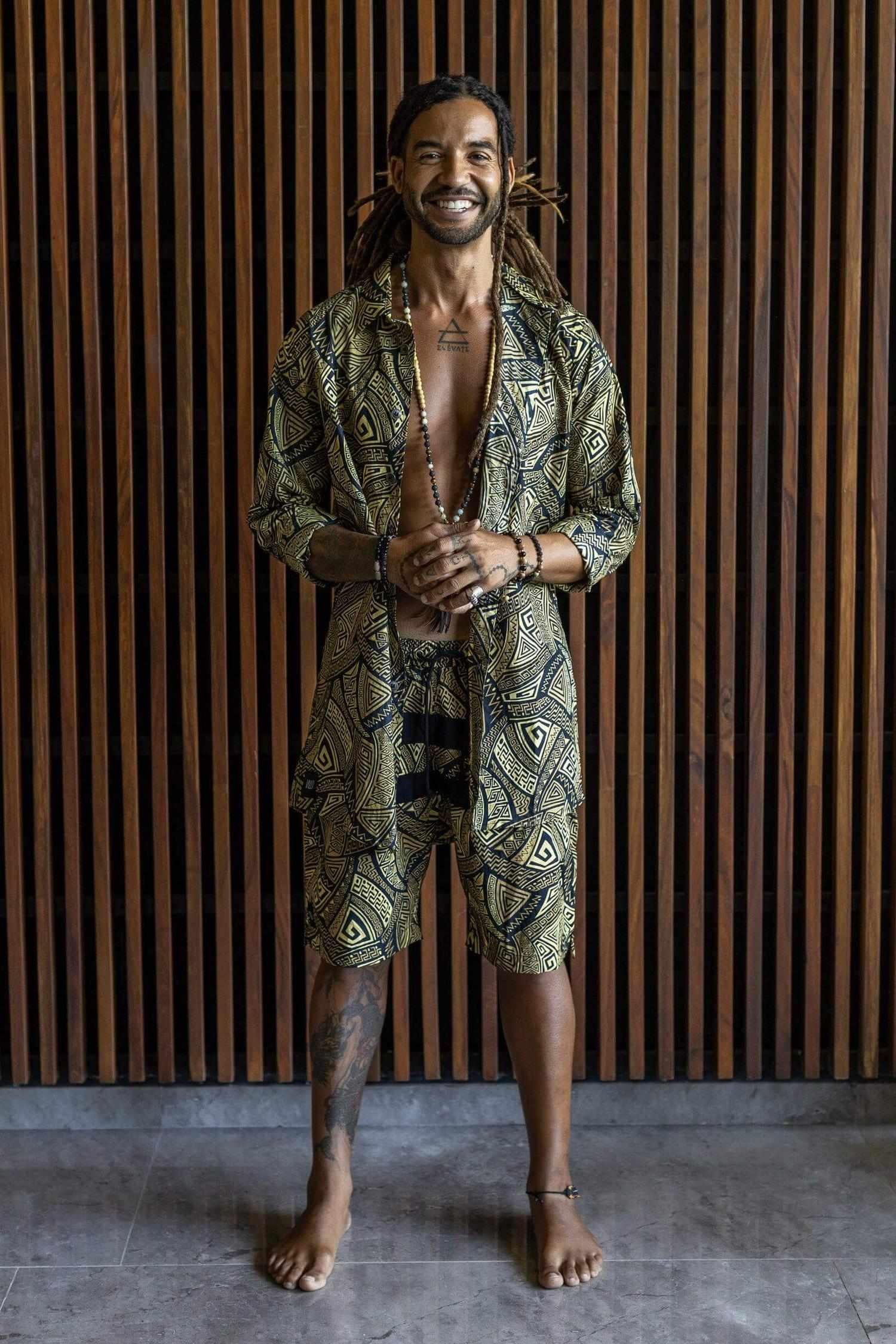 VALO SPIRIT PANTAI Black & Gold Tribal - A classic slim fit button up shirt with unique print - VALO Design Clothing