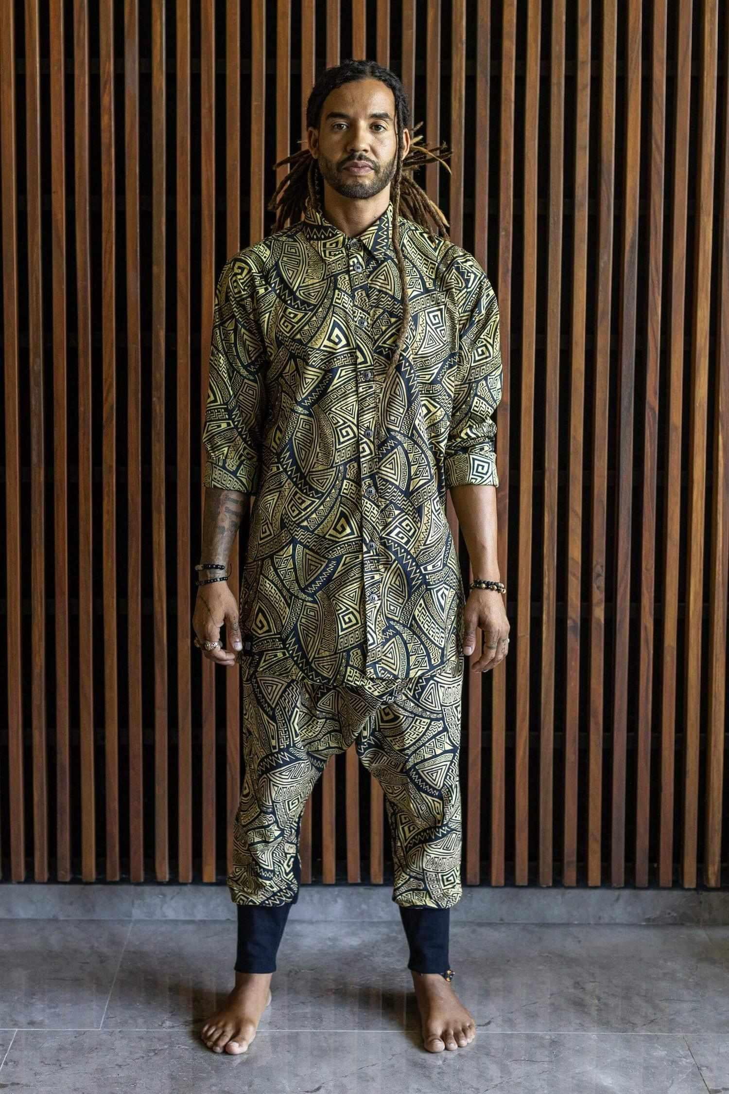 VALO SPIRIT PANTAI Black & Gold Tribal - A classic slim fit button up shirt with unique print - VALO Design Clothing