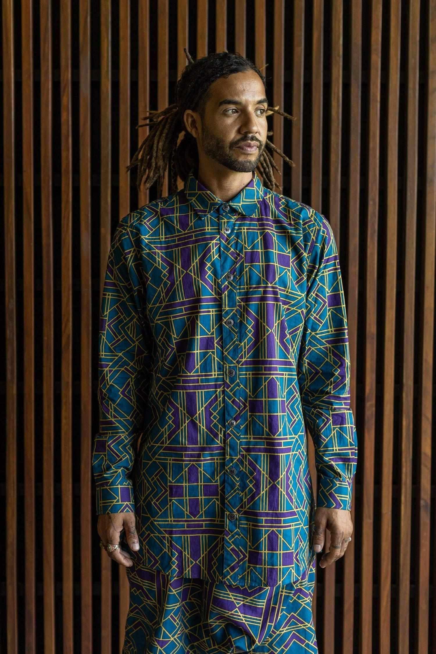 VALO SPIRIT PANTAI Blue Geometric - A classic slim fit button up shirt with unique print - VALO Design Clothing