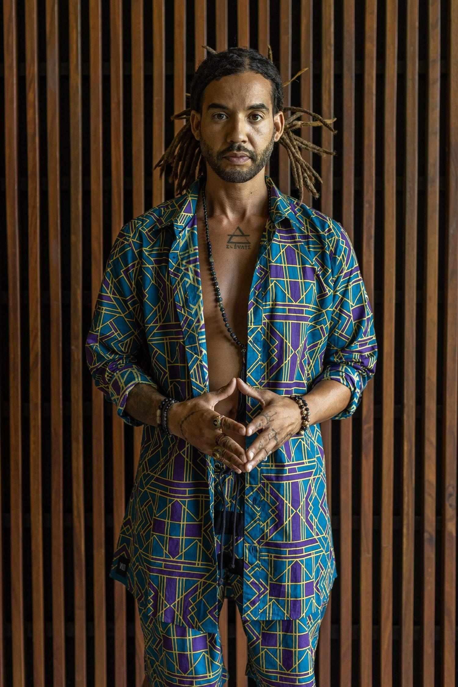 VALO SPIRIT PANTAI Blue Geometric - A classic slim fit button up shirt with unique print - VALO Design Clothing