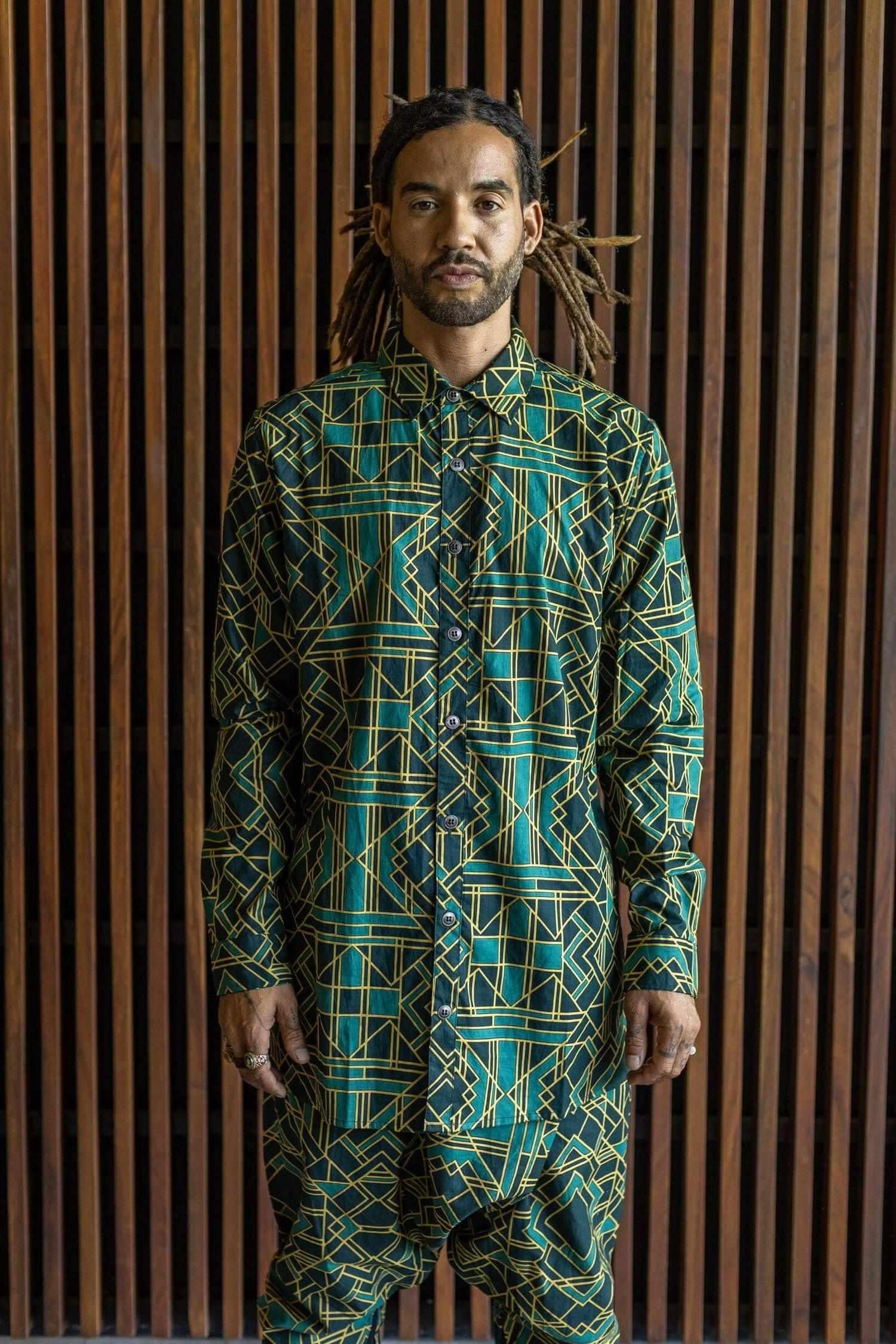 VALO SPIRIT PANTAI Green Geometric - A classic slim fit button up shirt with unique print - VALO Design Clothing