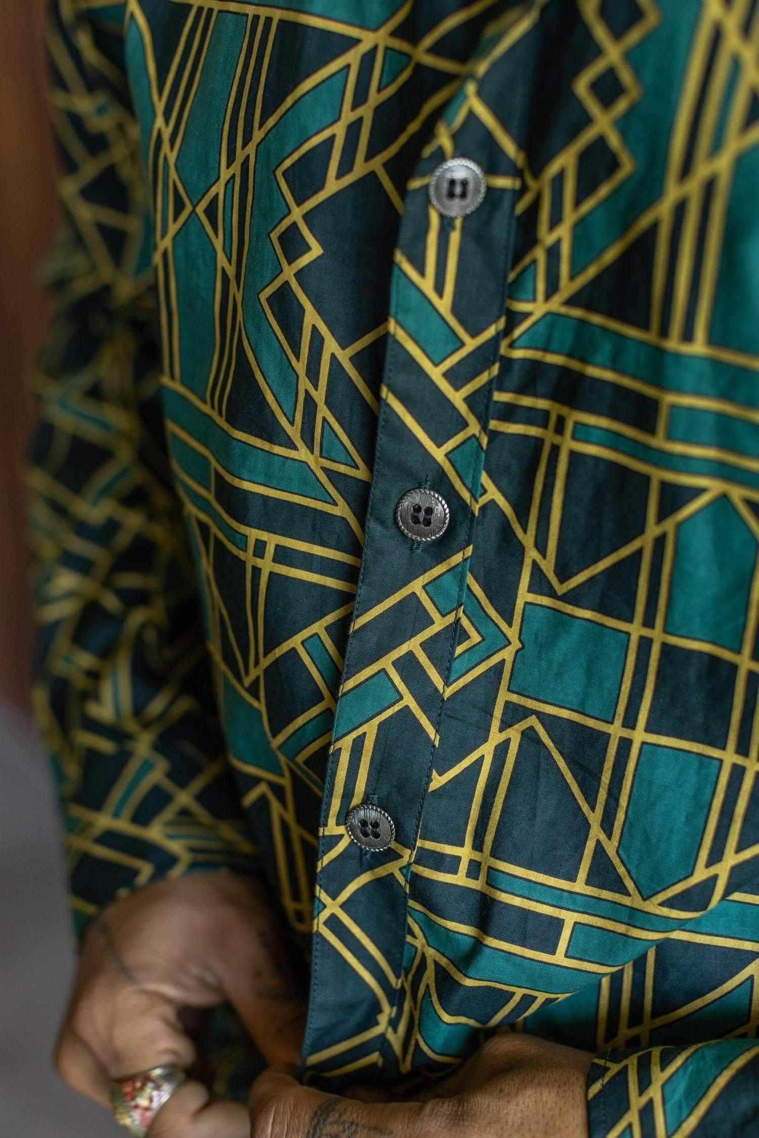 VALO SPIRIT PANTAI Green Geometric - A classic slim fit button up shirt with unique print - VALO Design Clothing