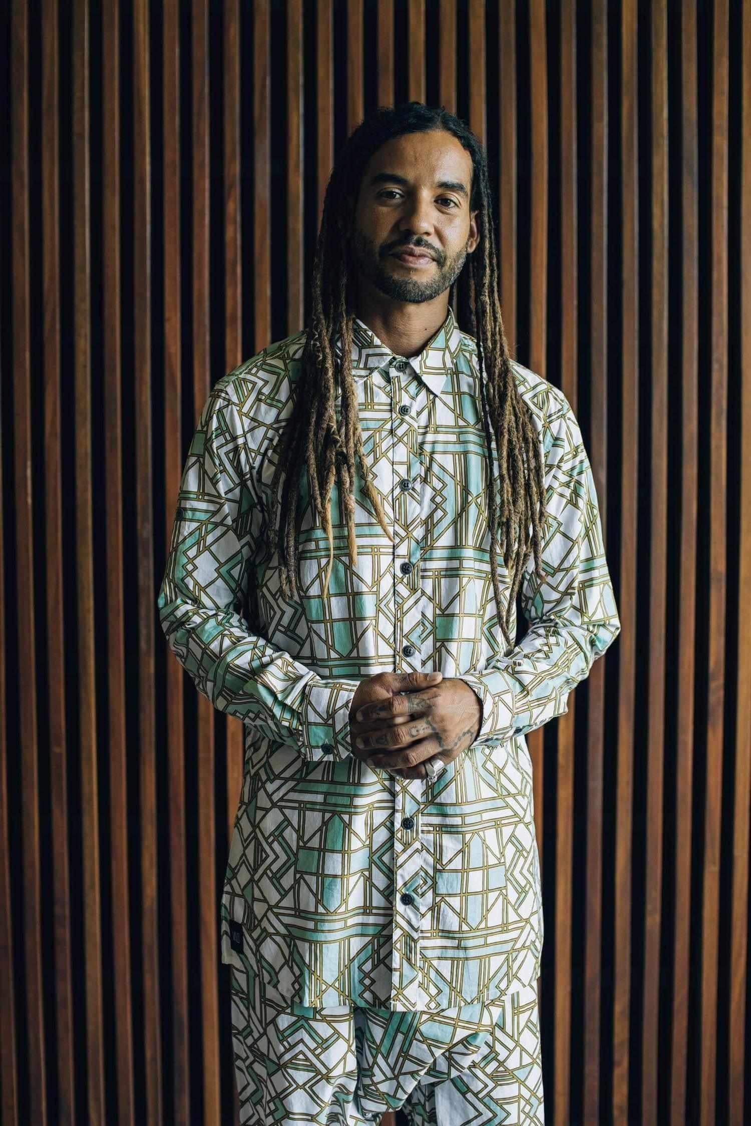 VALO SPIRIT PANTAI White Geometric - A classic slim fit button up shirt with unique print - VALO Design Clothing