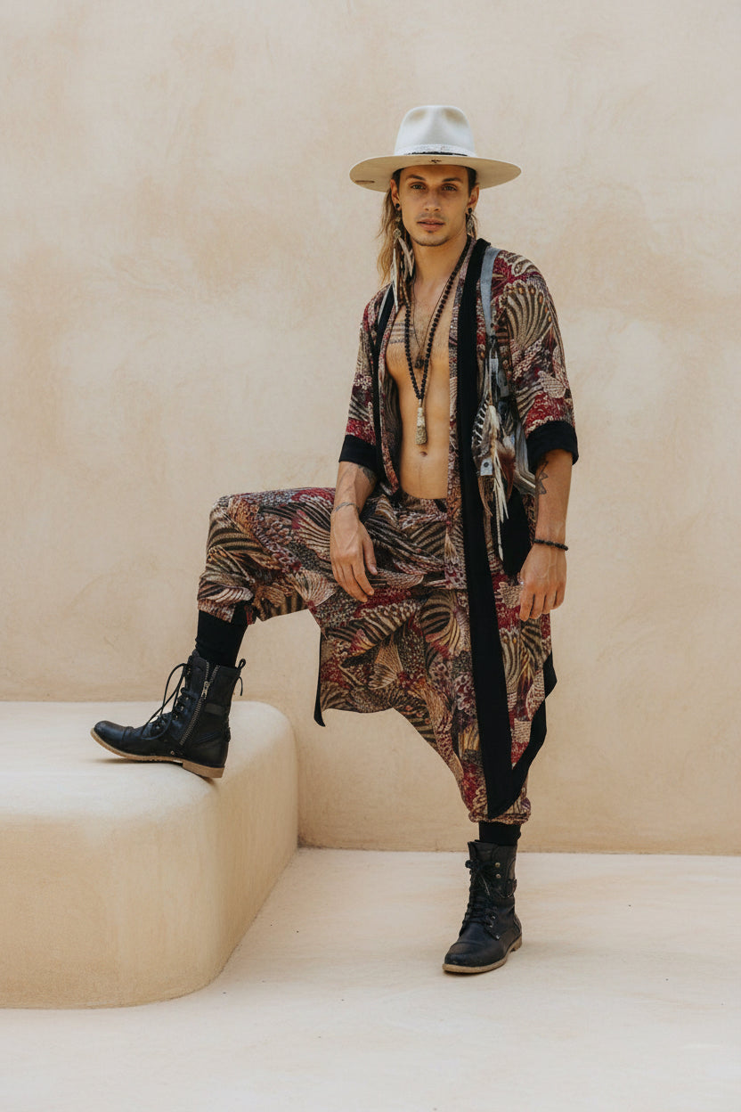 VALO Design Clothing Capes Feather Pattern BALI SPIRIT Feather pattern  - Elegant & unique nomadic kimono