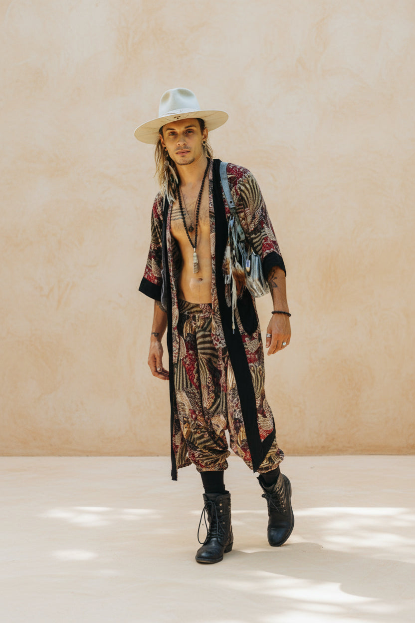 VALO Design Clothing Capes Feather Pattern BALI SPIRIT Feather pattern  - Elegant & unique nomadic kimono