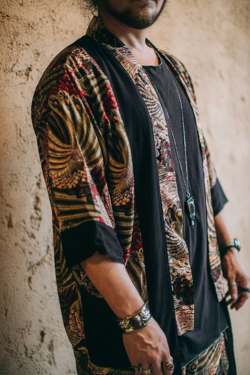VALO Design Clothing Capes Feather Pattern BALI SPIRIT Feather pattern  - Elegant & unique nomadic kimono
