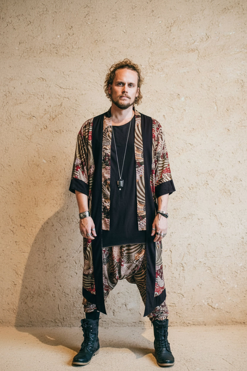 VALO Design Clothing Capes Feather Pattern BALI SPIRIT Feather pattern  - Elegant & unique nomadic kimono
