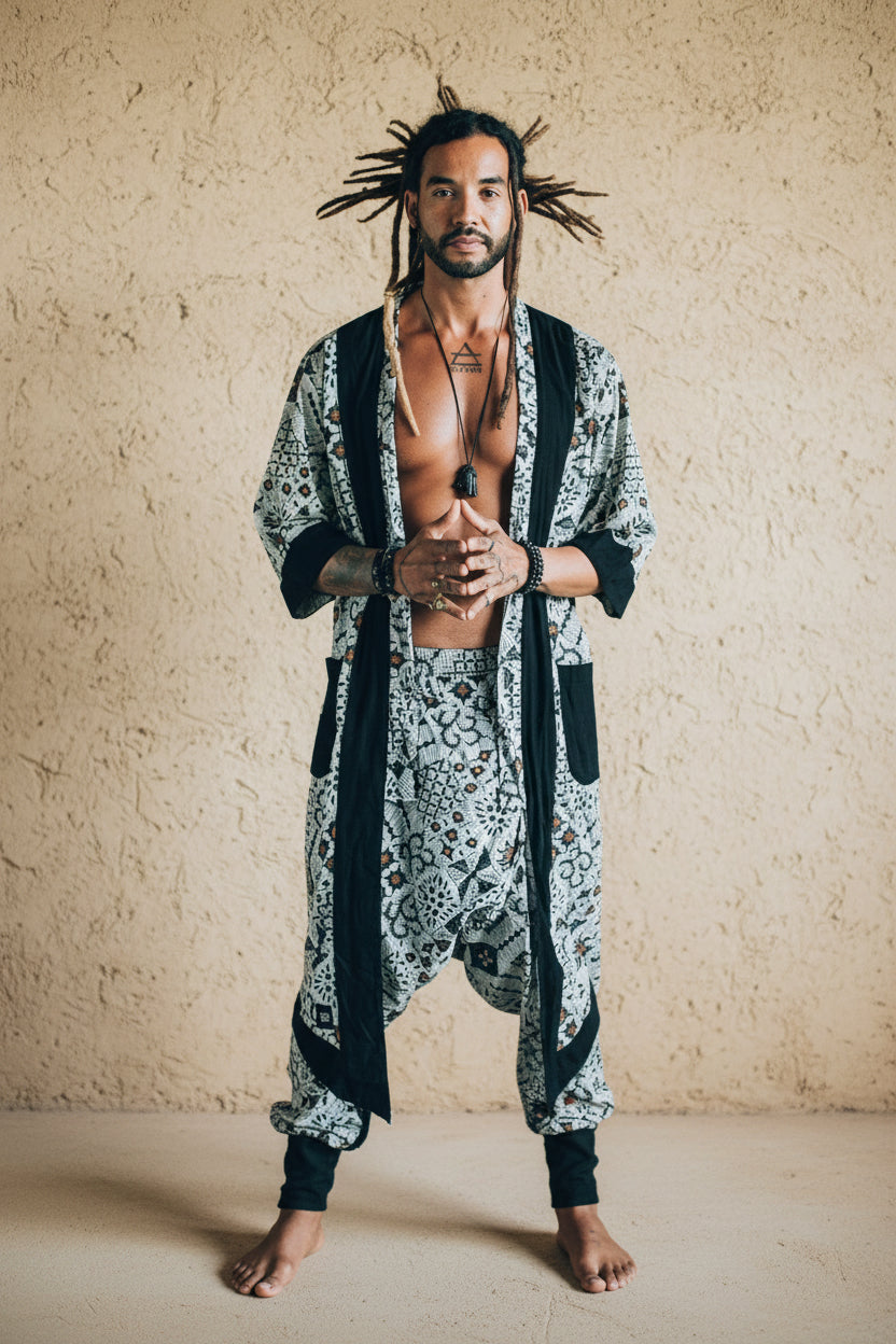 VALO Design Clothing Capes Cream White w/ brown batik details BALI SPIRIT White Batik  - elegant & unique cotton kimono cardigan