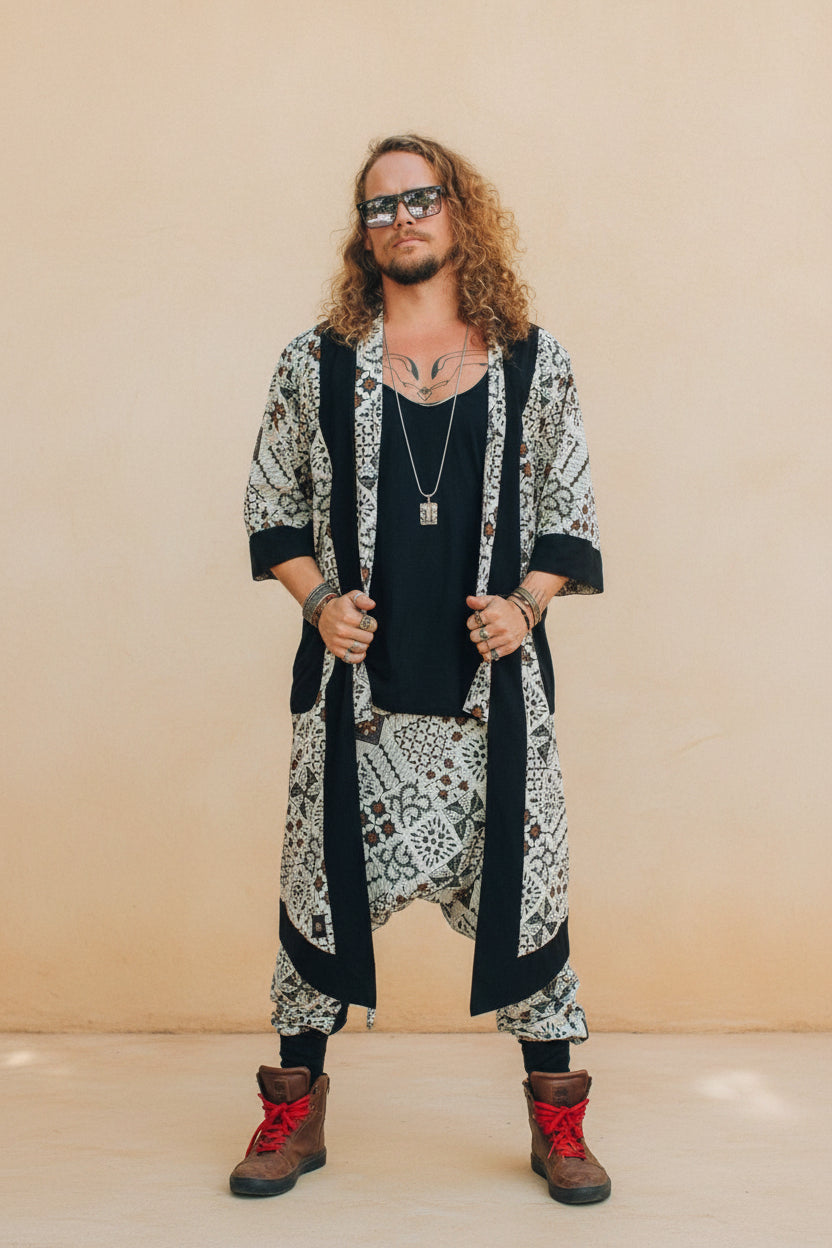 VALO Design Clothing Capes Cream White w/ brown batik details BALI SPIRIT White Batik  - elegant & unique cotton kimono cardigan