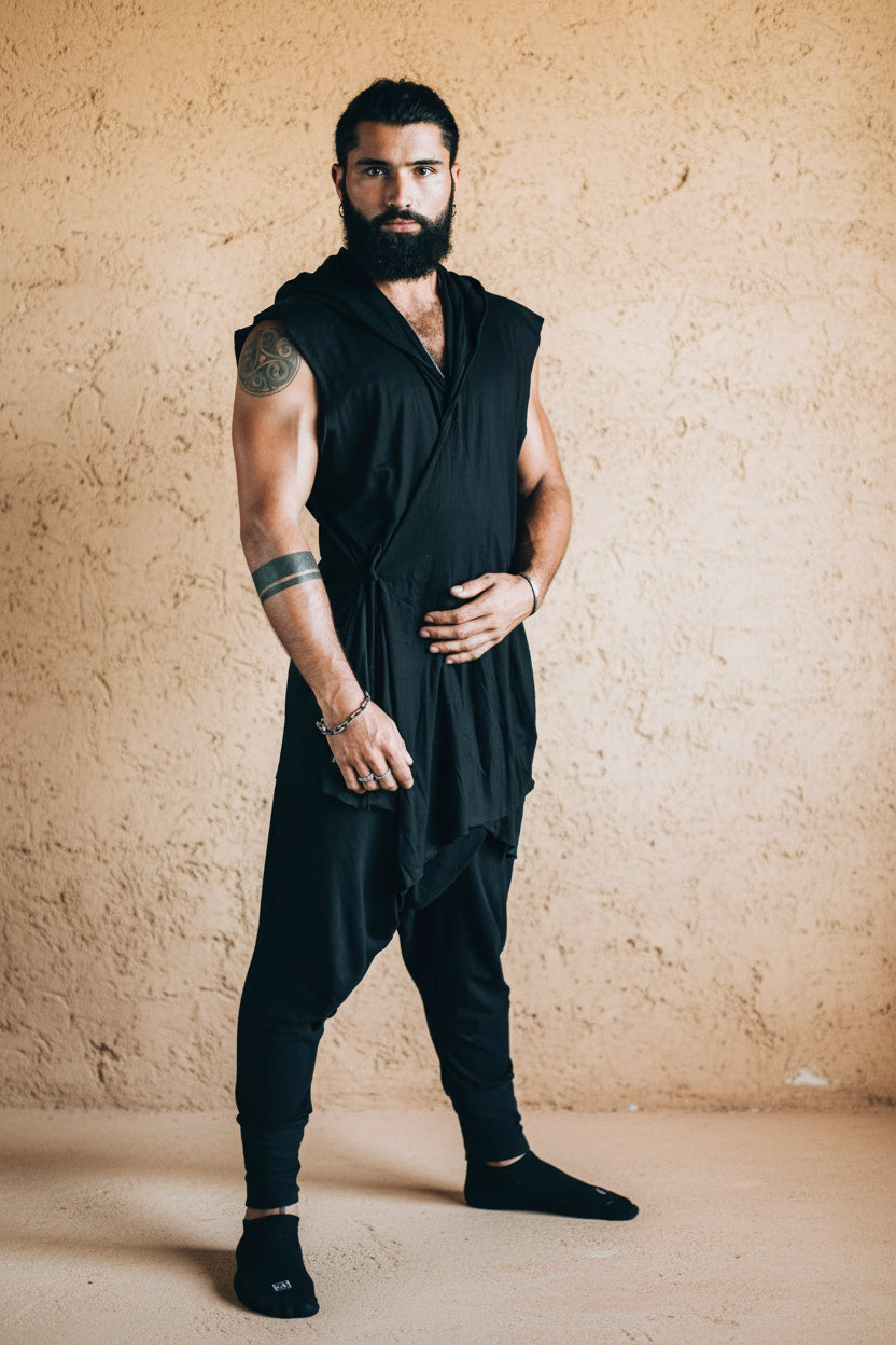 HANZO Black - Japanese style hooded bamboo Kimono Top - VALO Design Clothing 