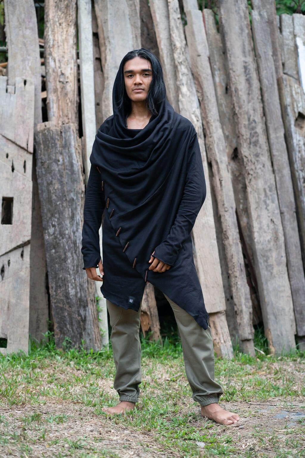 VALO Design Hoodies KENOBI Obsidian Black - Jedi style cotton denim hoodie with wooden buttons