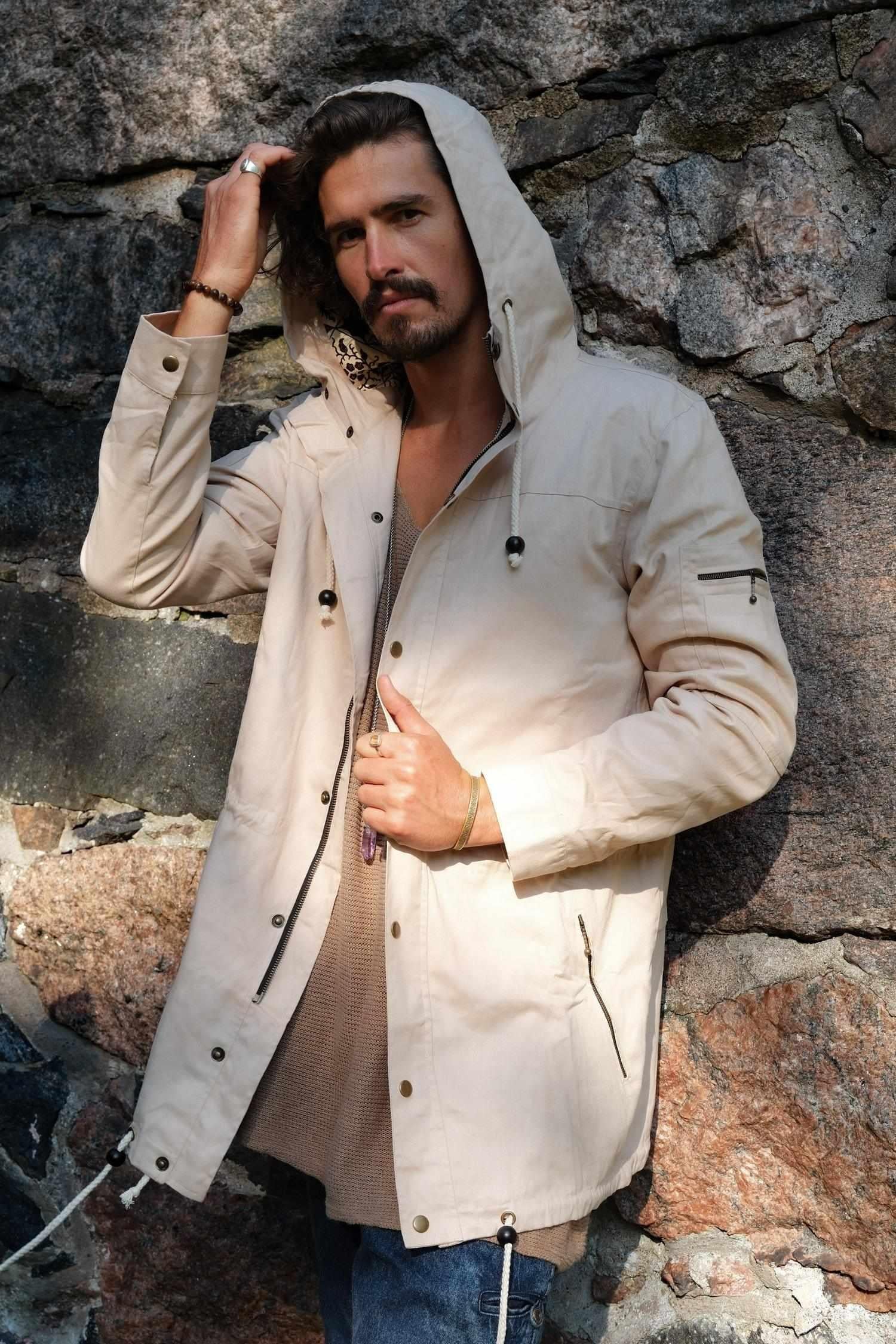 LUONTO JACKET Beige Cream - Hooded Double Layered Cotton Print Art Zipper Coat-Jackets-VALO Design Clothing