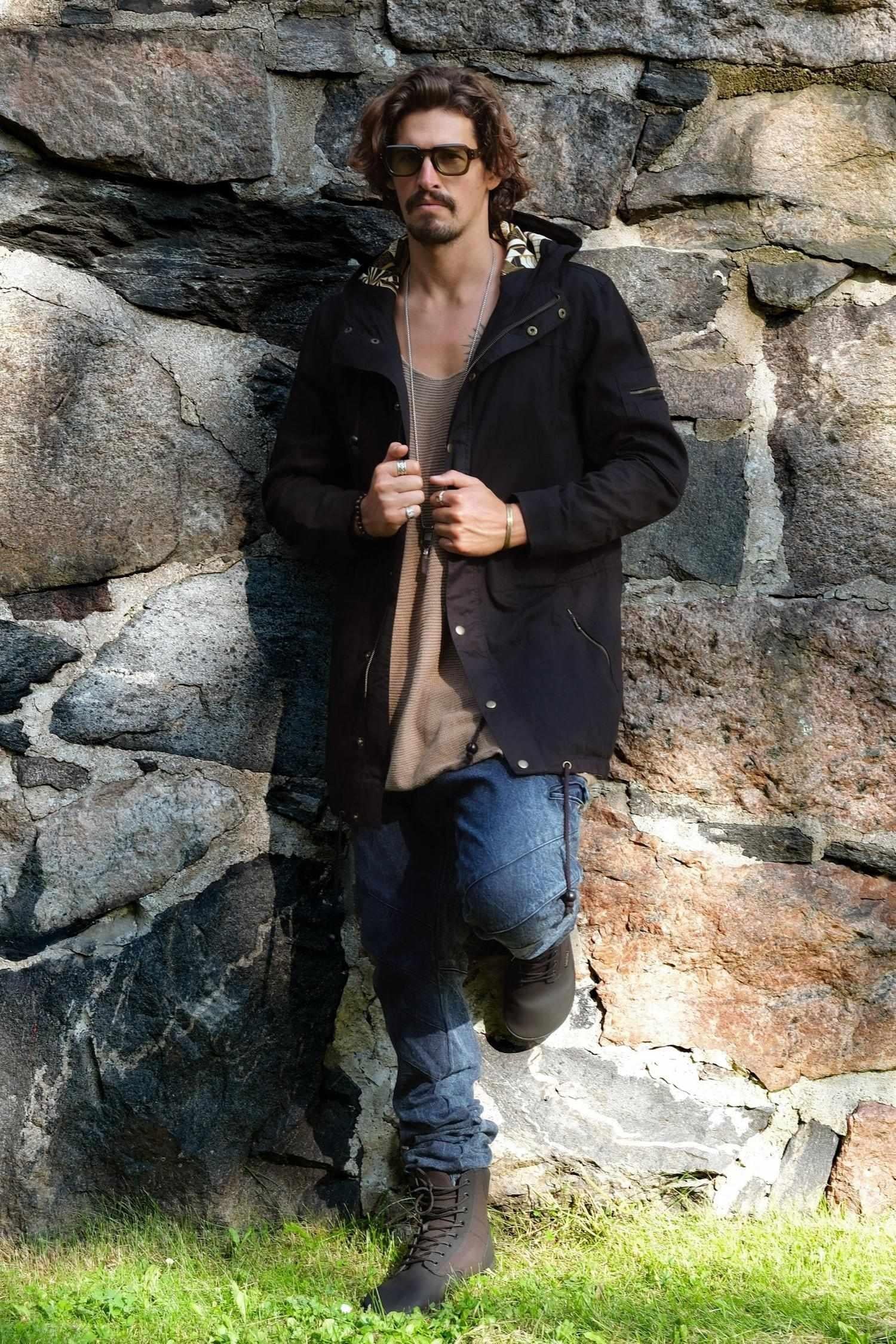 LUONTO JACKET Black - Hooded Double Layered Cotton Print Art Zipper Coat-Jackets-VALO Design Clothing