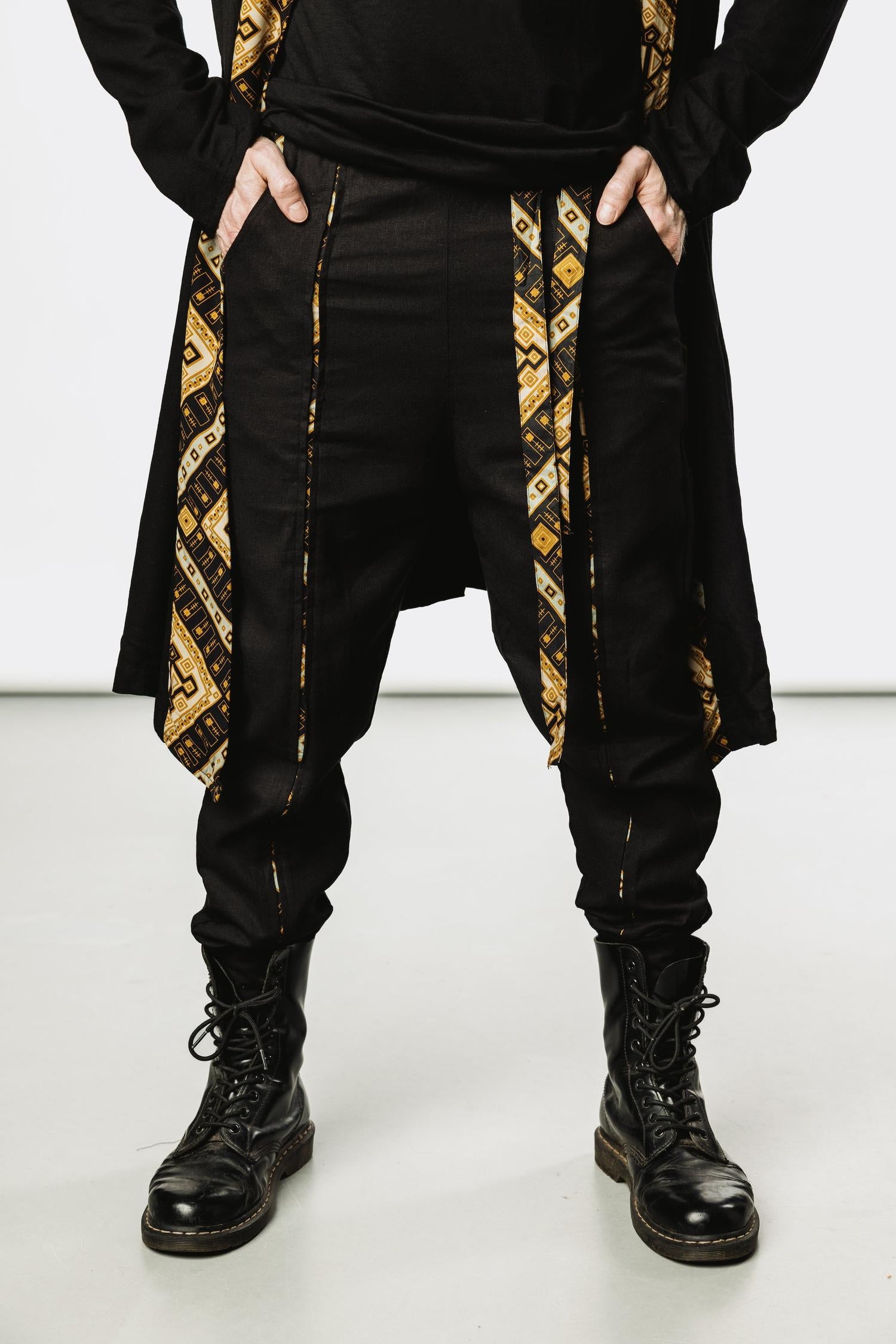 QI PANTS - Oriental Drop Crotch Linen Pants-Pants-VALO Design Clothing