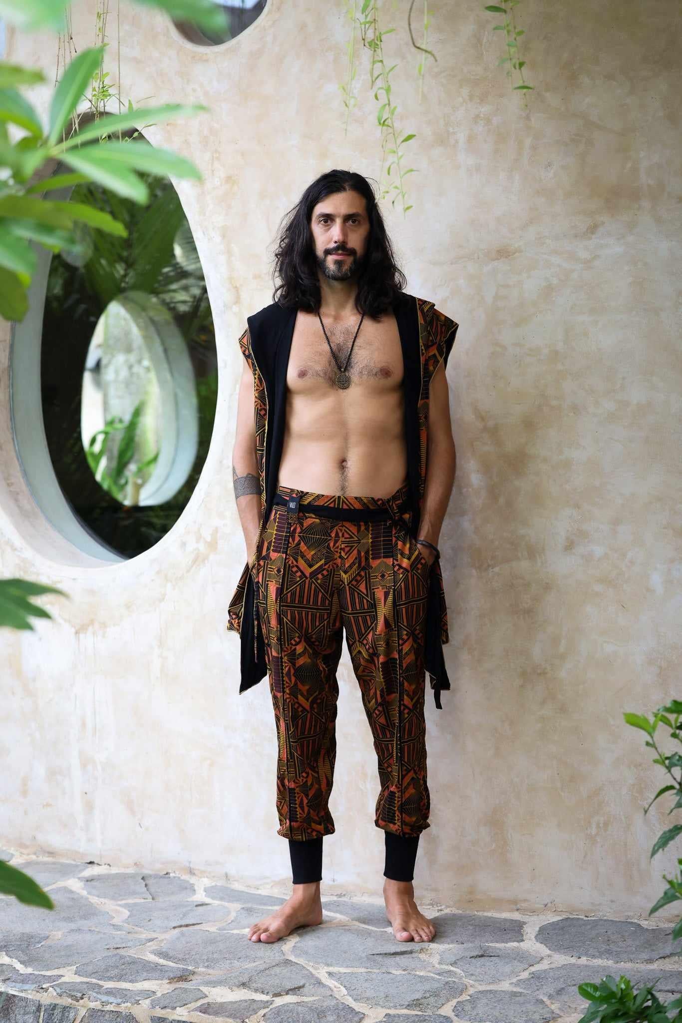 VALO Design Pants QI Prism -  High quality drop crotch tencel pants inspired by the 20's ageless style combined with indigenous and sacred symbolism. Extremely comfortable with soft cotton ribbing on the legs. 