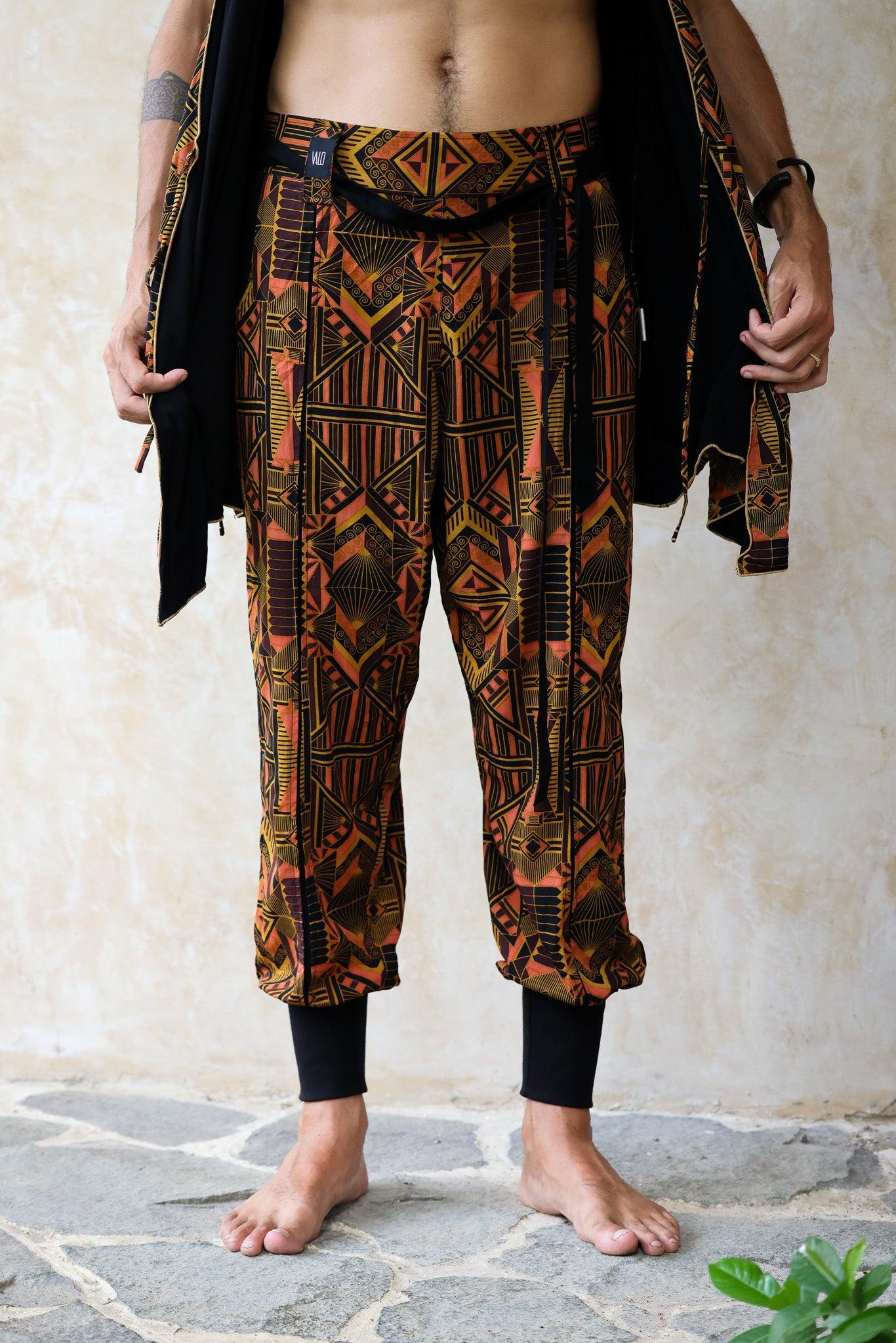VALO Design Pants QI Prism -  High quality drop crotch tencel pants inspired by the 20's ageless style combined with indigenous and sacred symbolism. Extremely comfortable with soft cotton ribbing on the legs. 