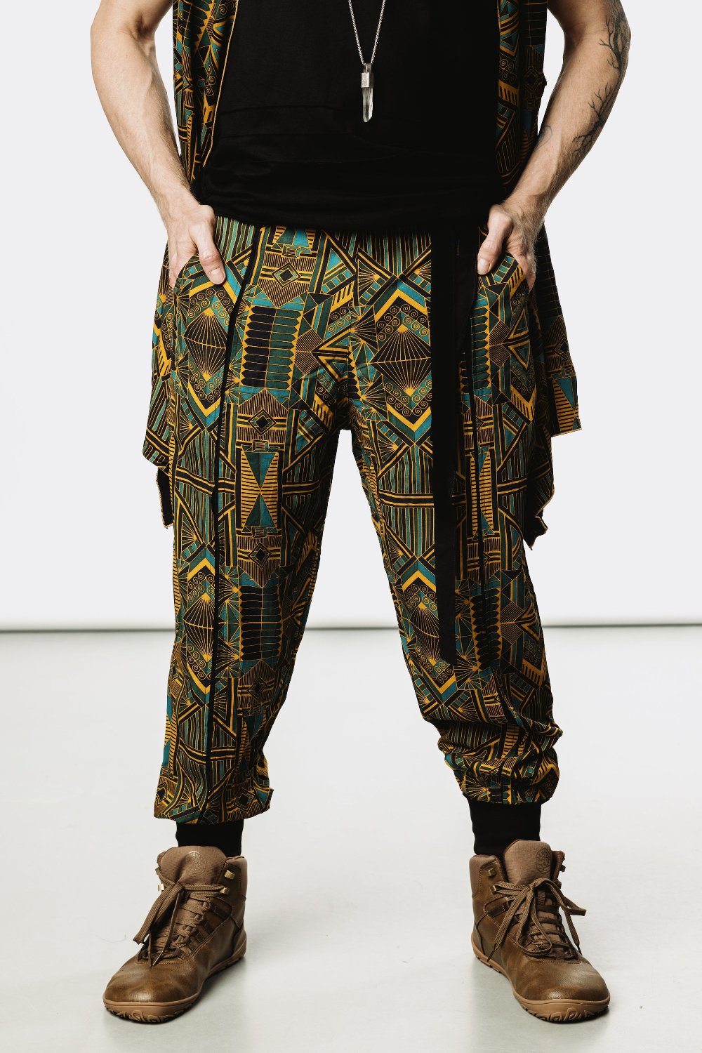 VALO Design Pants QI Prism -  High quality drop crotch tencel pants inspired by the 20's ageless style combined with indigenous and sacred symbolism. Extremely comfortable with soft cotton ribbing on the legs. 