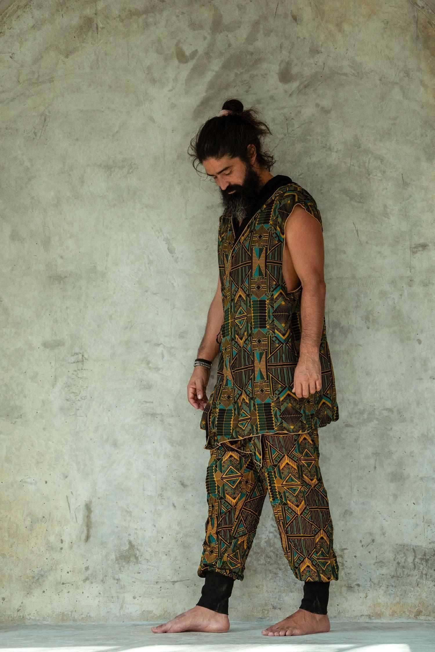 VALO Design Pants QI Prism -  High quality drop crotch tencel pants inspired by the 20's ageless style combined with indigenous and sacred symbolism. Extremely comfortable with soft cotton ribbing on the legs. 