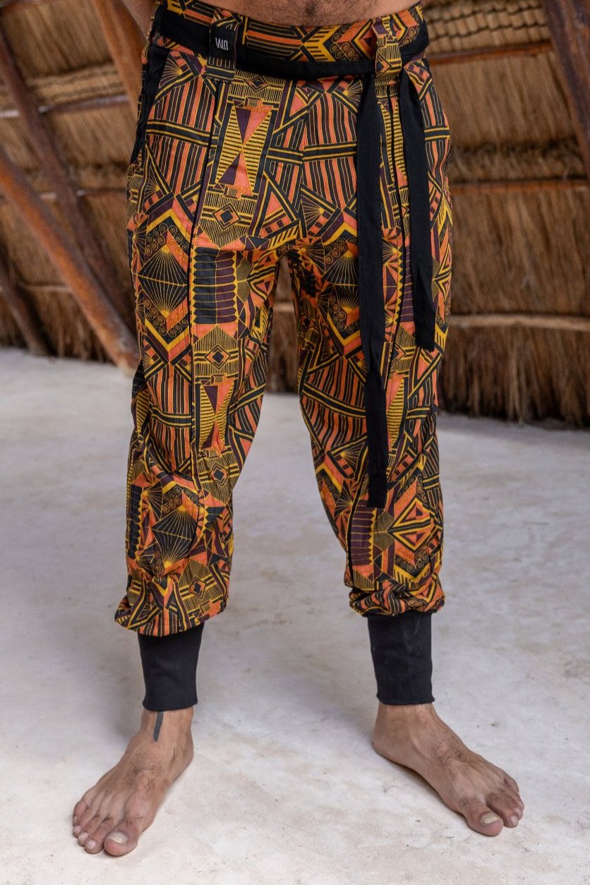 VALO Design Pants QI Prism -  High quality drop crotch tencel pants inspired by the 20's ageless style combined with indigenous and sacred symbolism. Extremely comfortable with soft cotton ribbing on the legs. 