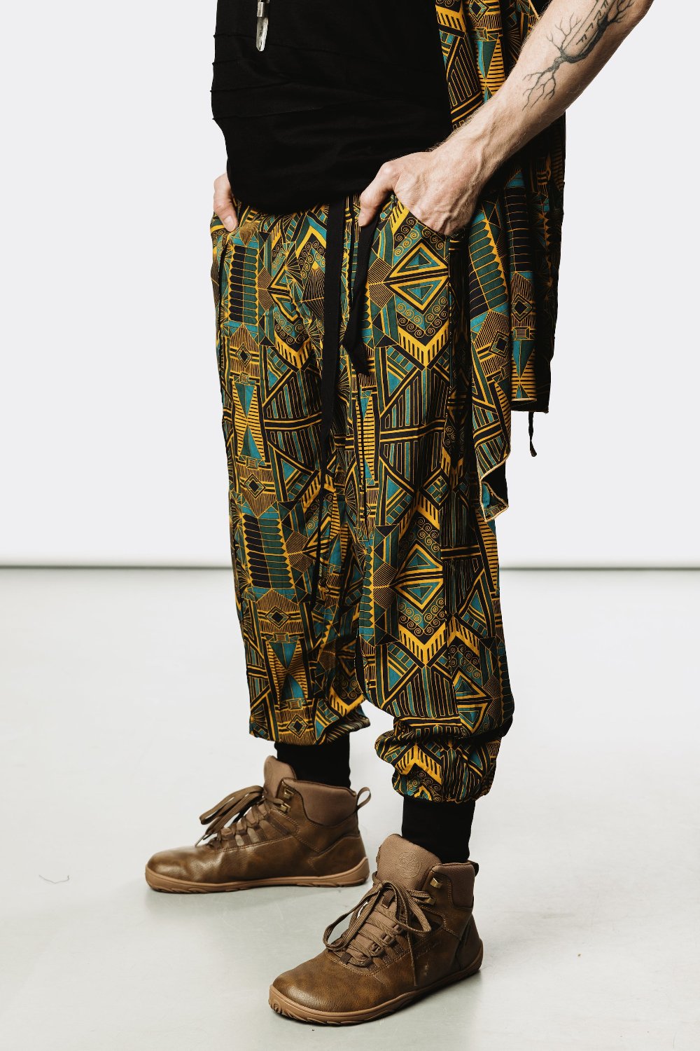 VALO Design Pants QI Prism -  High quality drop crotch tencel pants inspired by the 20's ageless style combined with indigenous and sacred symbolism. Extremely comfortable with soft cotton ribbing on the legs. 