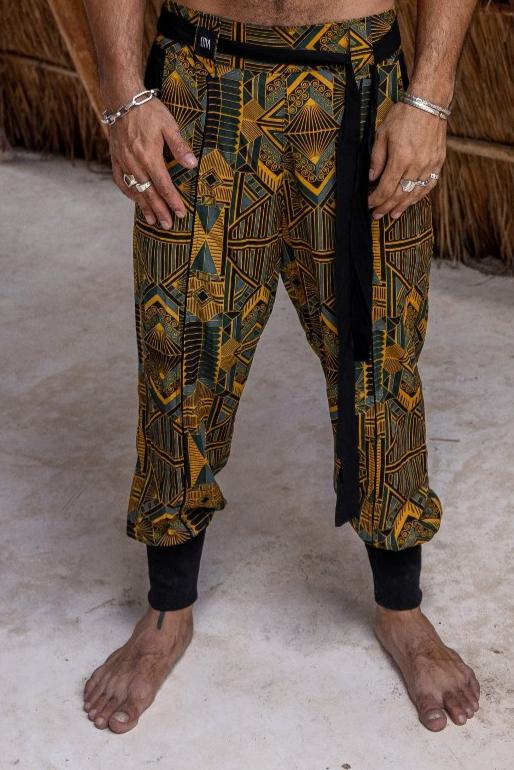 VALO Design Pants QI Prism -  High quality drop crotch tencel pants inspired by the 20's ageless style combined with indigenous and sacred symbolism. Extremely comfortable with soft cotton ribbing on the legs. 