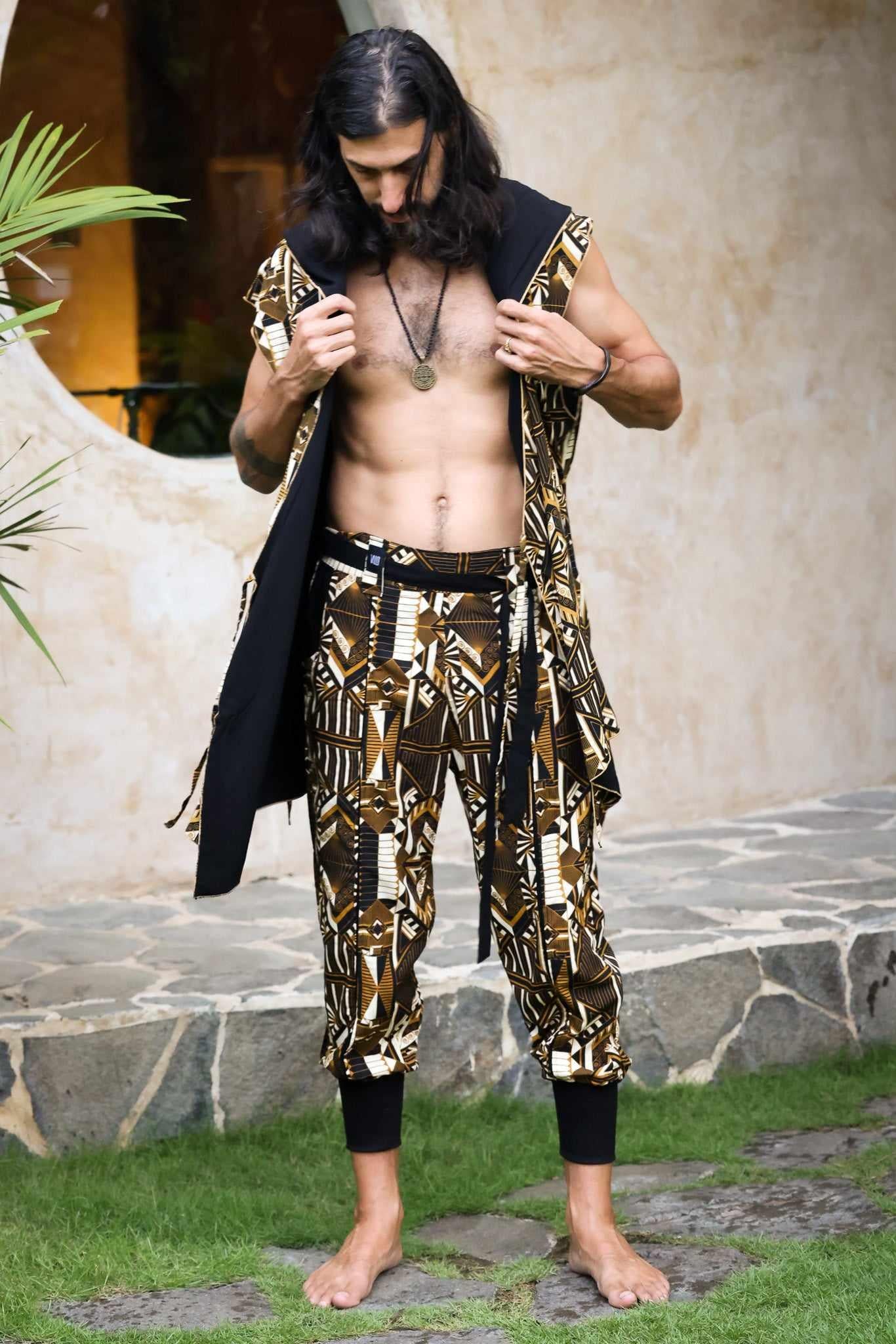 VALO Design Pants QI Prism -  High quality drop crotch tencel pants inspired by the 20's ageless style combined with indigenous and sacred symbolism. Extremely comfortable with soft cotton ribbing on the legs. 