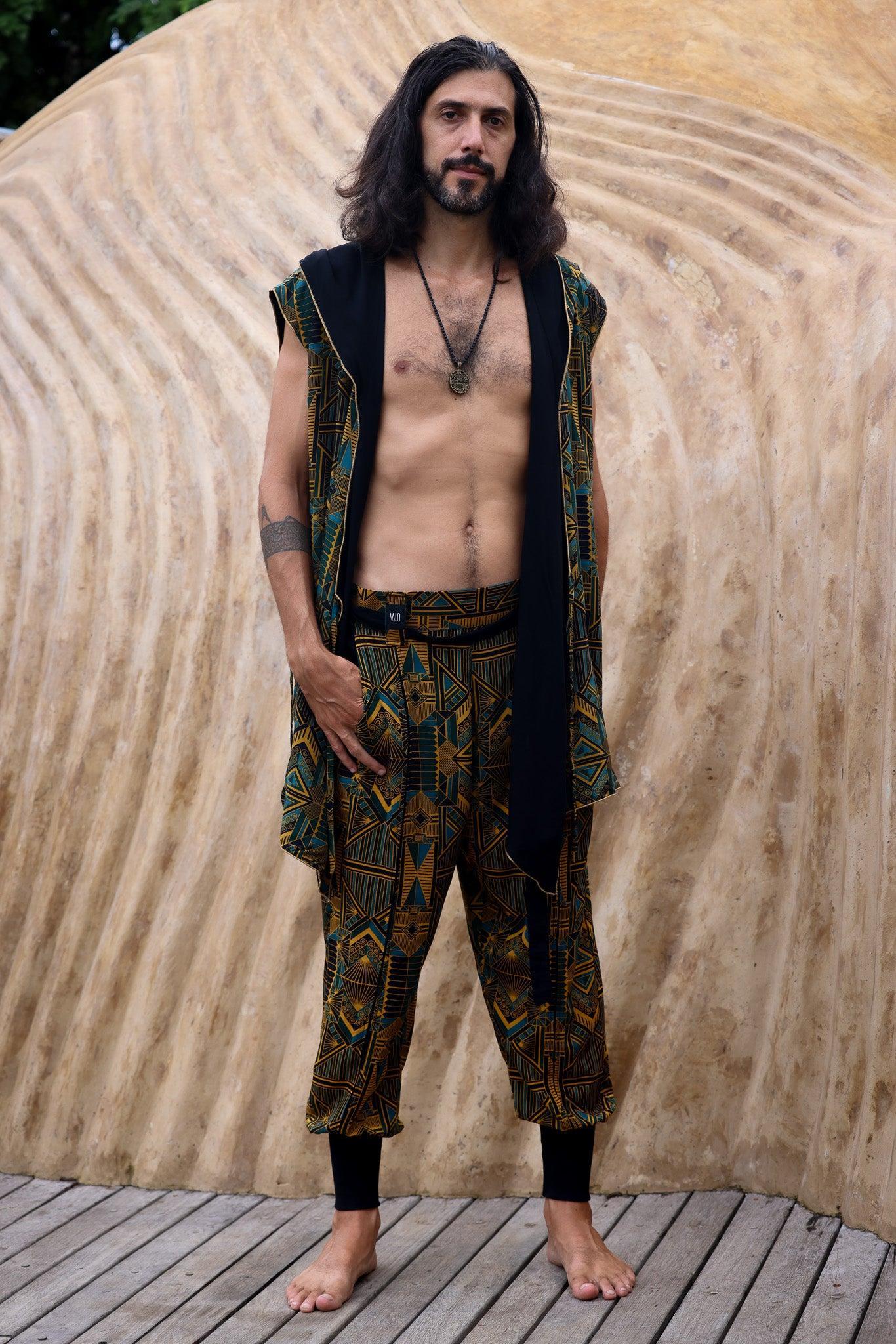 VALO Design Pants QI Prism -  High quality drop crotch tencel pants inspired by the 20's ageless style combined with indigenous and sacred symbolism. Extremely comfortable with soft cotton ribbing on the legs. 