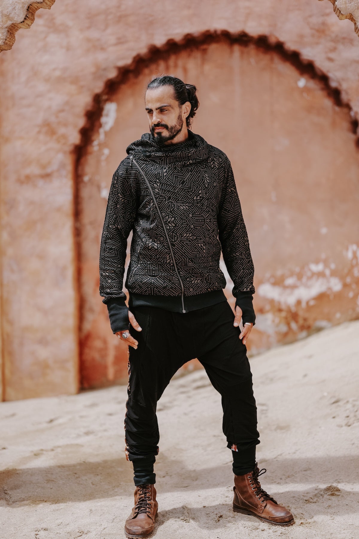 TARMO - Asymmetrical Cotton Fleece Zipper Hoodie with Golden Arrow Print
