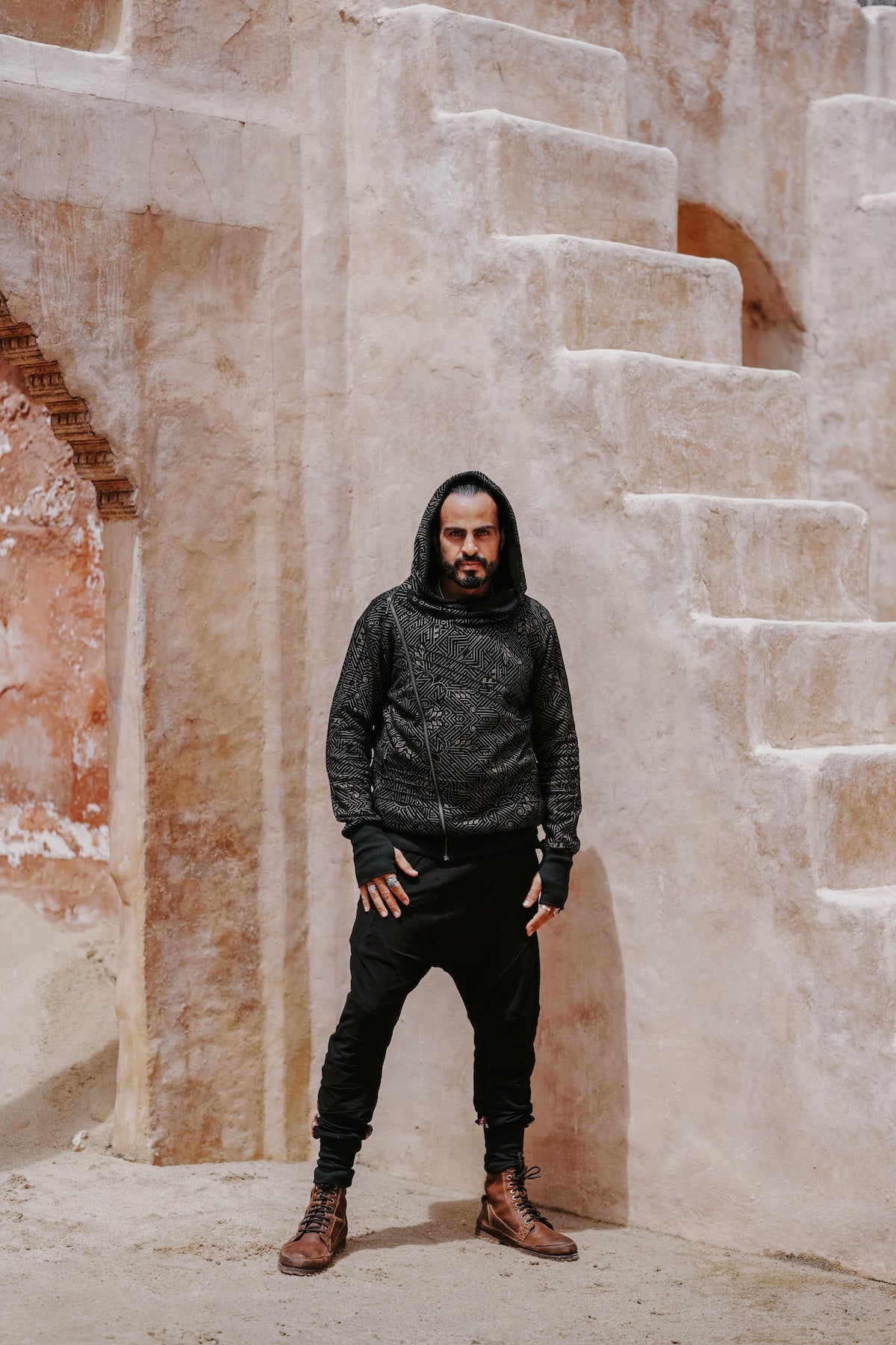 TARMO - Asymmetrical Cotton Fleece Zipper Hoodie with Golden Arrow Print