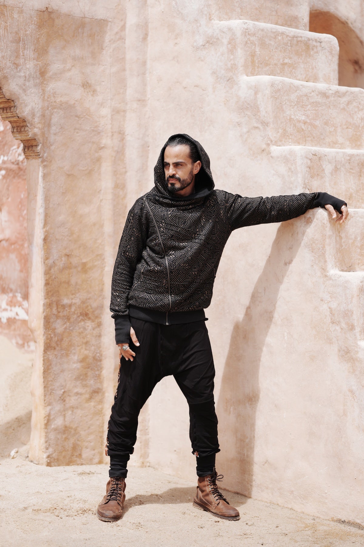 TARMO - Asymmetrical Cotton Fleece Zipper Hoodie with Golden Arrow Print