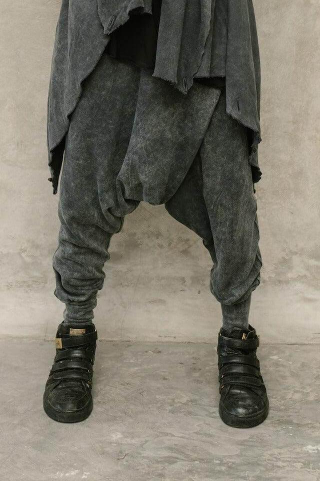 VALO Design Pants URBAN NINJA - Elegant Black Stonewash / Dark Grey harem drop crotch trousers from high quality 100% cotton 