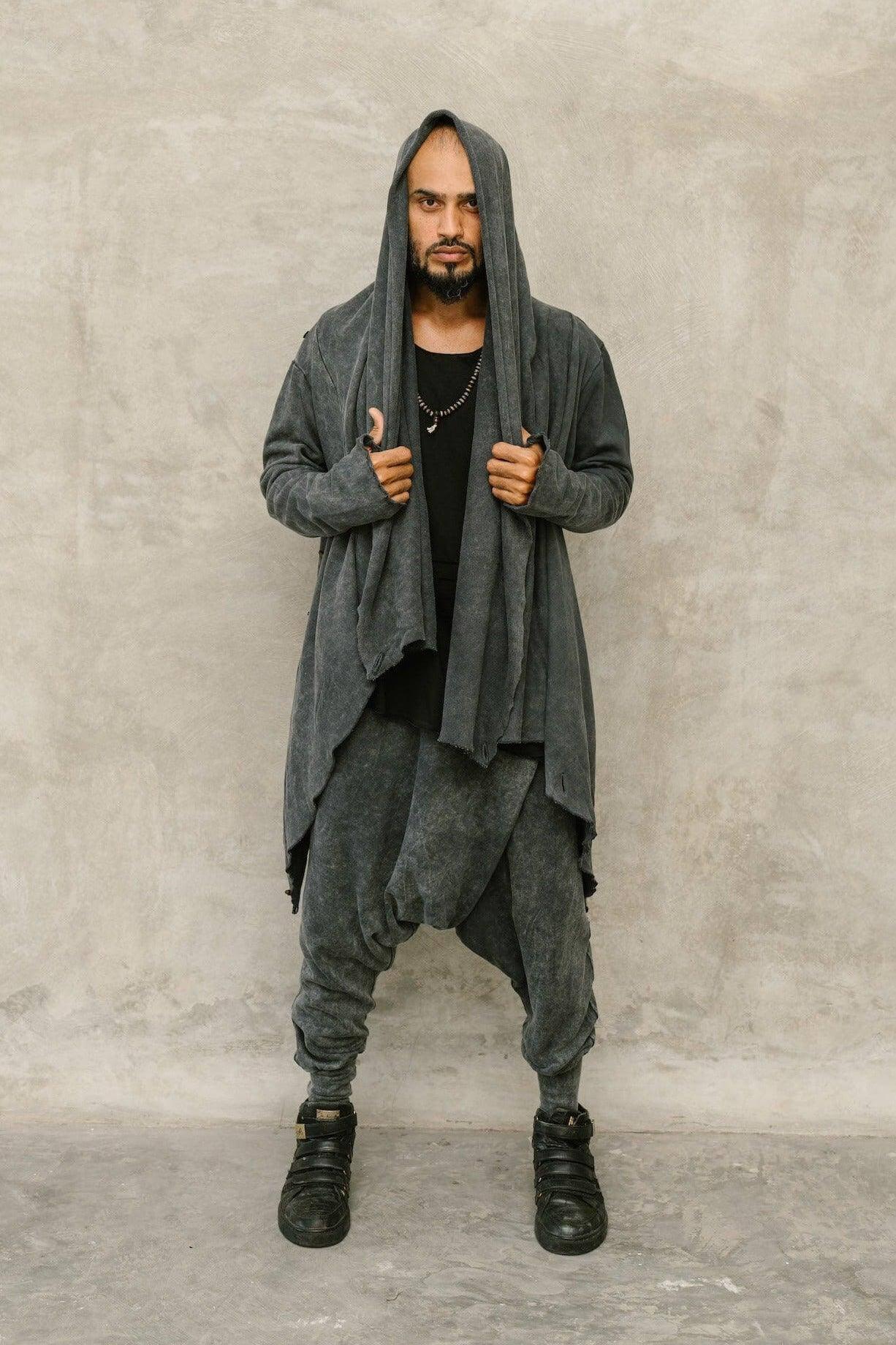 VALO Design Pants URBAN NINJA - Elegant Black Stonewash / Dark Grey harem drop crotch trousers from high quality 100% cotton 