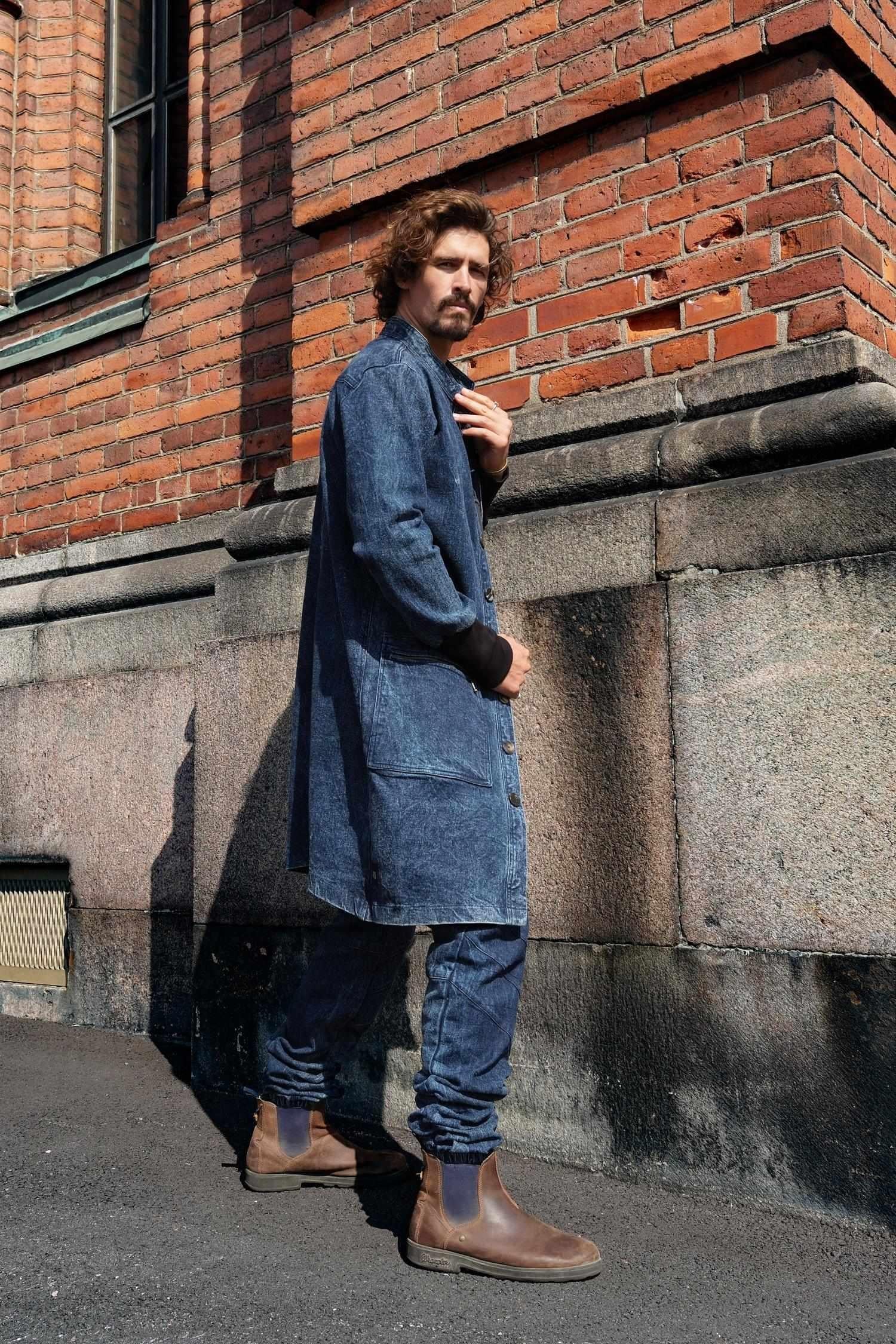 USKO Jacket - Stonewashed Denim Coat with Nehru Collar-Jackets-VALO Design Clothing