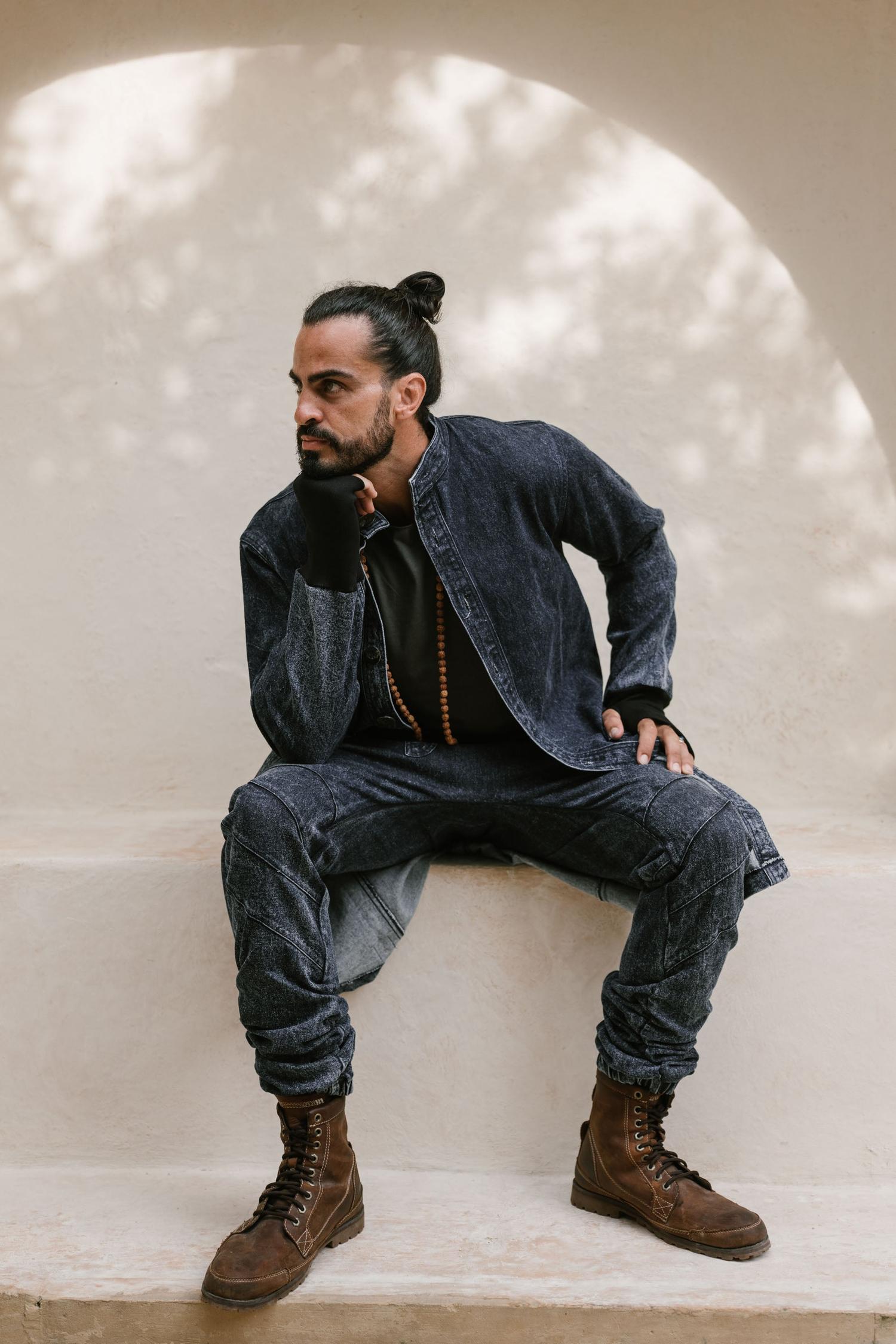 USKO Jacket - Stonewashed Denim Jacket with Nehru Collar