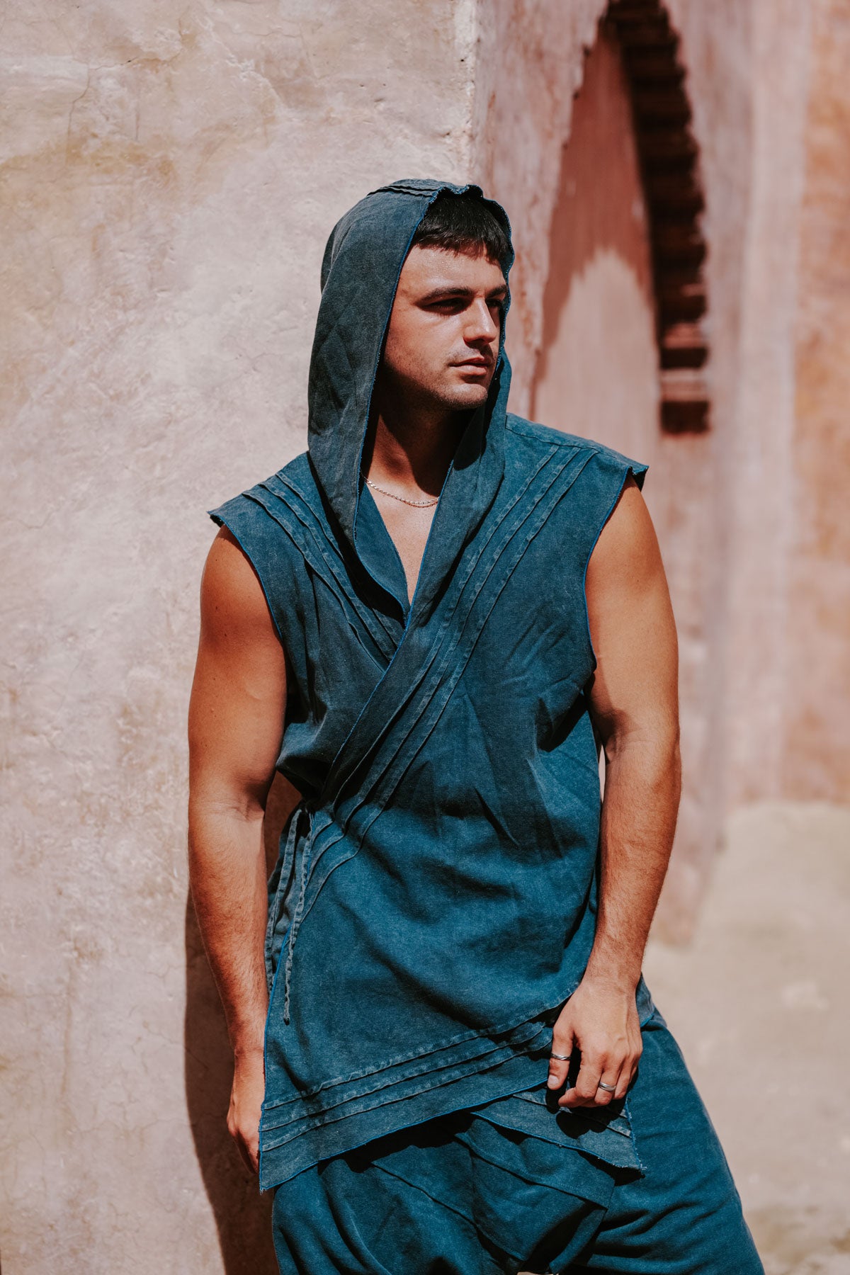 HANZO Linen Blue - Stonewashed Hooded Kimono Vest