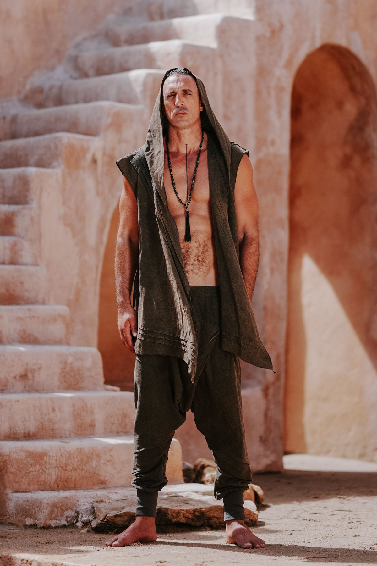 HANZO Brown Green - Stonewashed Hooded Linen Boho Vest