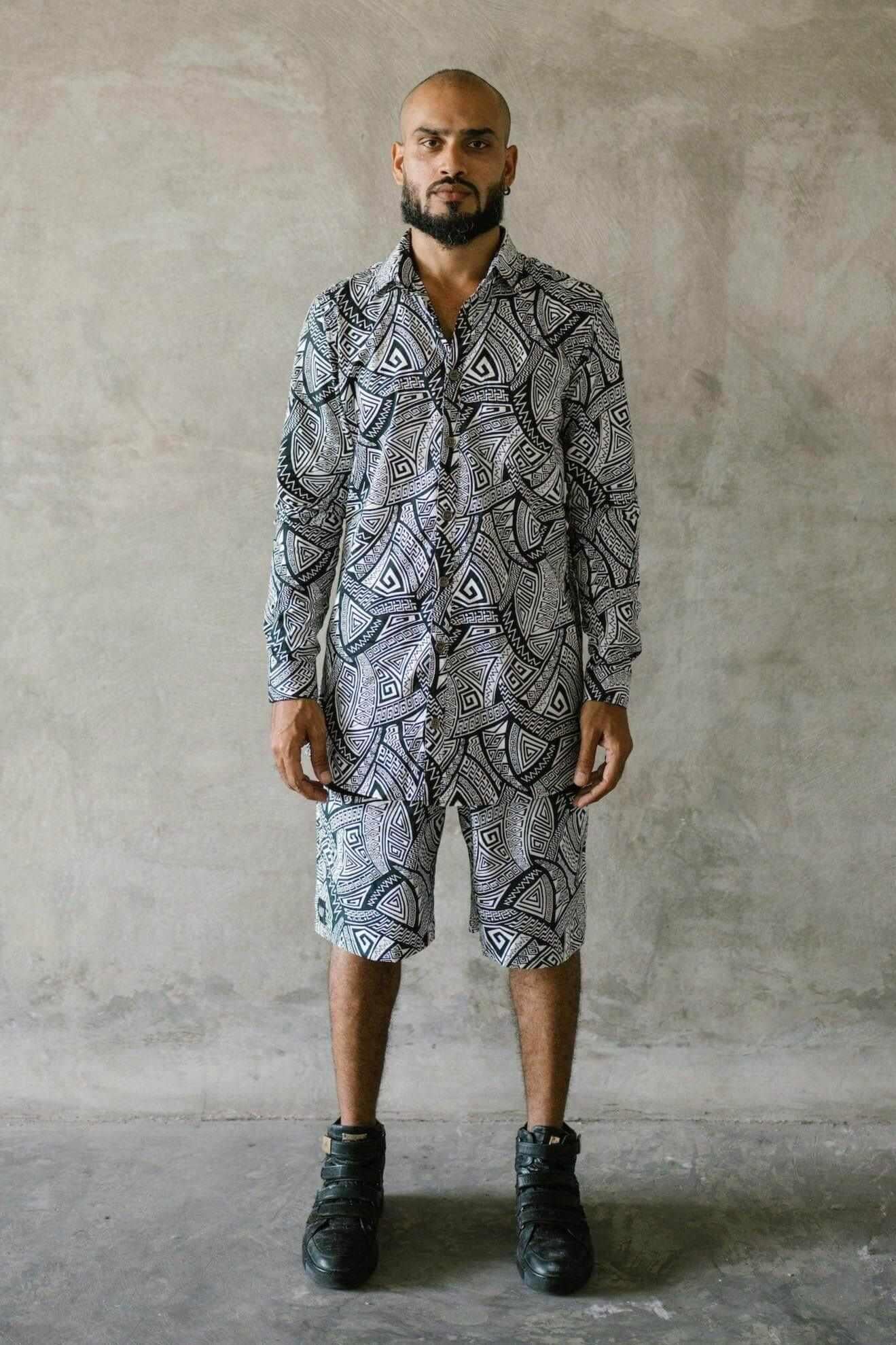 VALO SPIRIT PANTAI Black & White Tribal - A classic slim fit button up shirt with unique print - VALO Design Clothing 