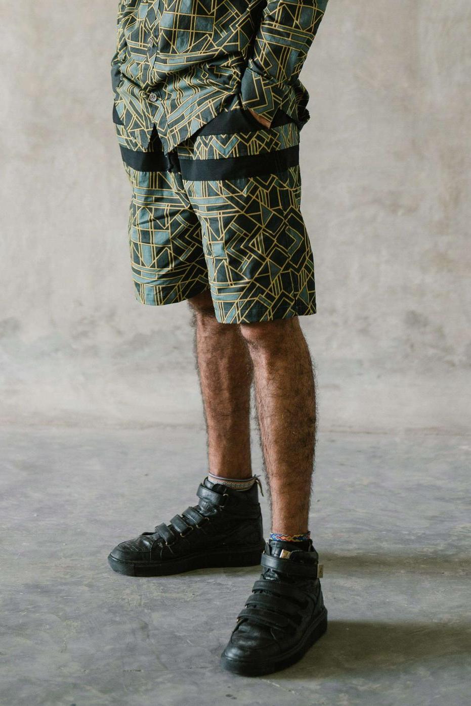 VALO SPIRIT PANTAI SHORTS Green Geometric - Light cotton summer shorts with designer art work print - VALO Design Clothing 